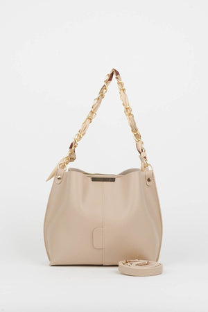 Women'S Scarf And Chain Accessory Soft Leather 3-Compartment Hand, Arm And Shoulder Bag