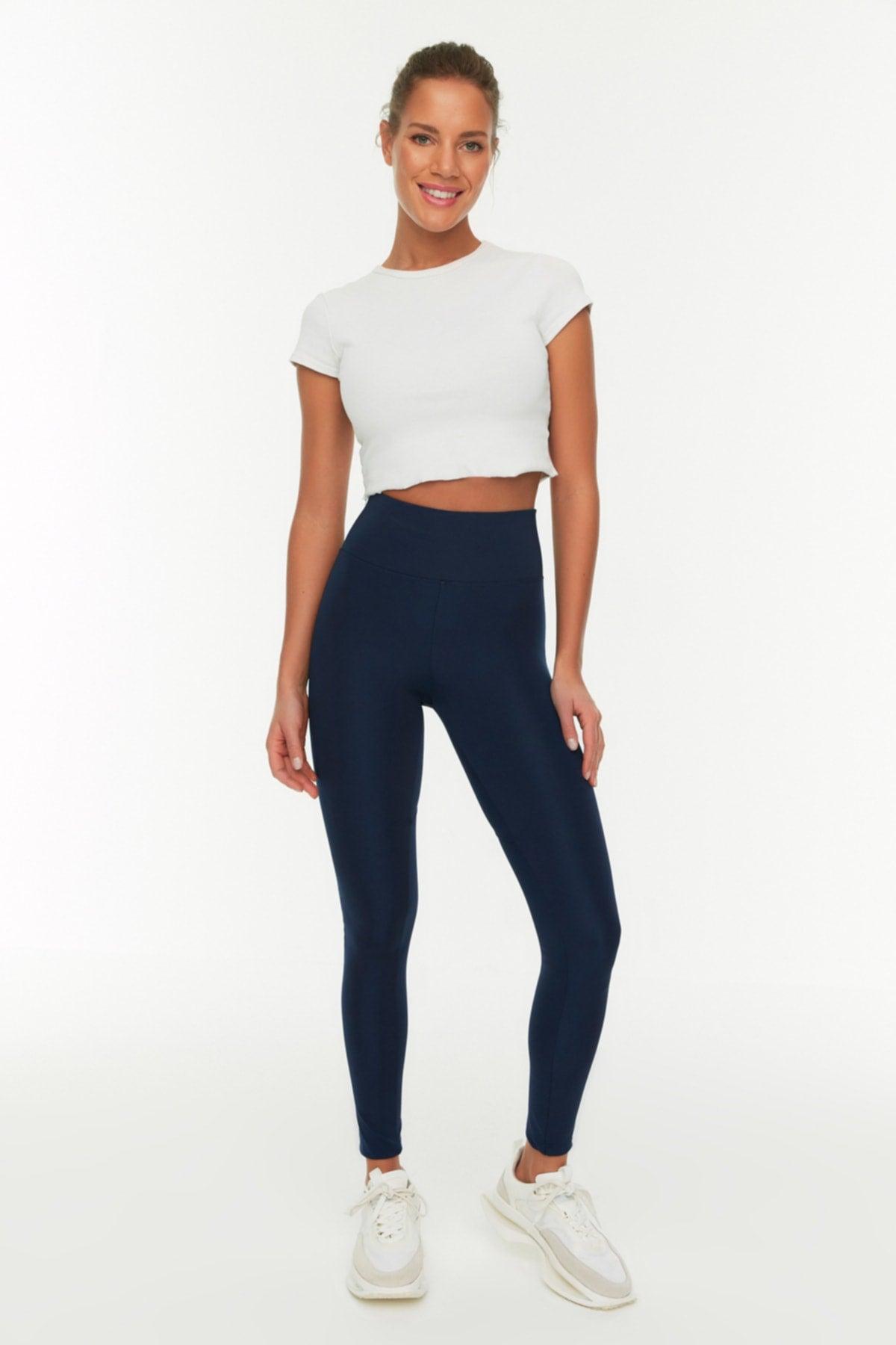 Navy Blue Full Length Sports Tights with Push-Up TWOAW21TA0030 - Swordslife