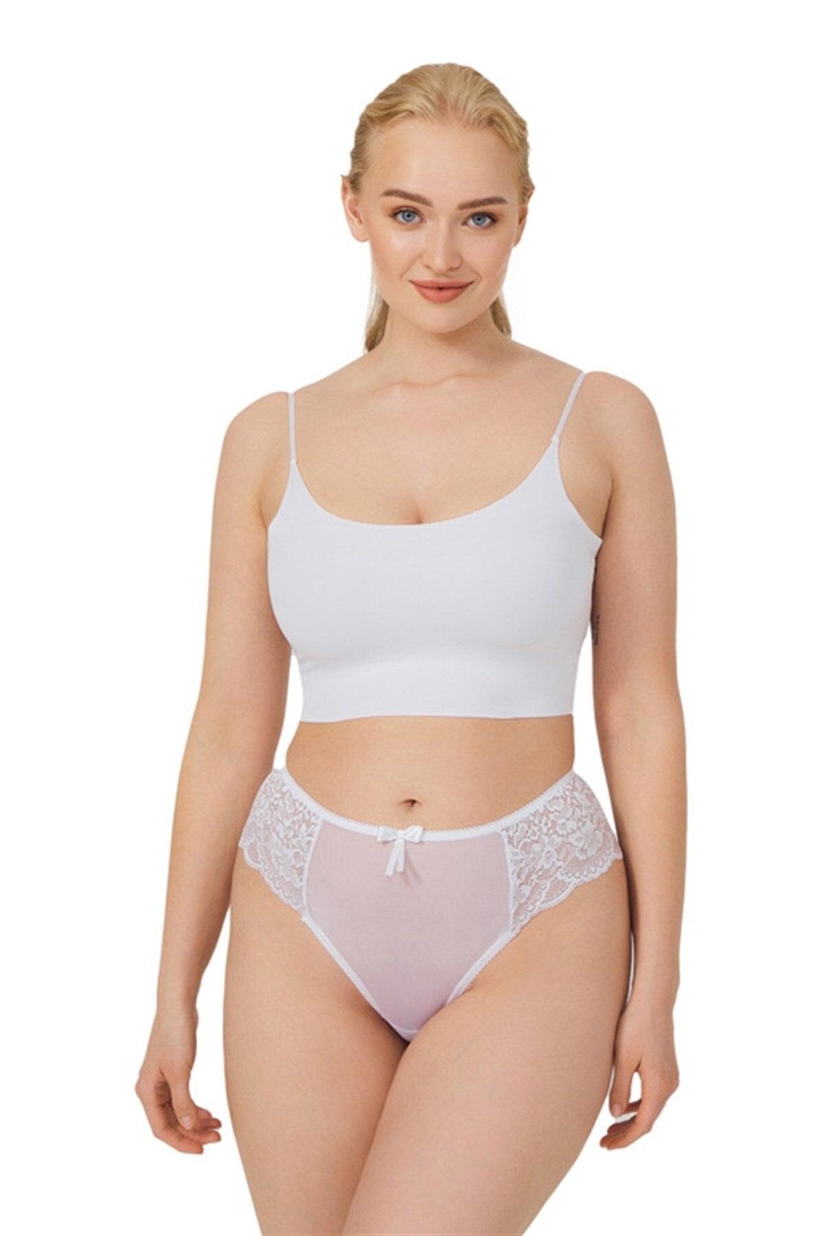 White Lace Tulle Detailed Plus Size Women's Brazilian Panties - Swordslife