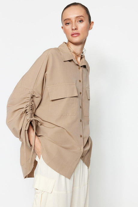 Stone Sleeves Adjustable Ruffle Detailed Woven Cotton Shirt TCTSS23TG00011 - Swordslife
