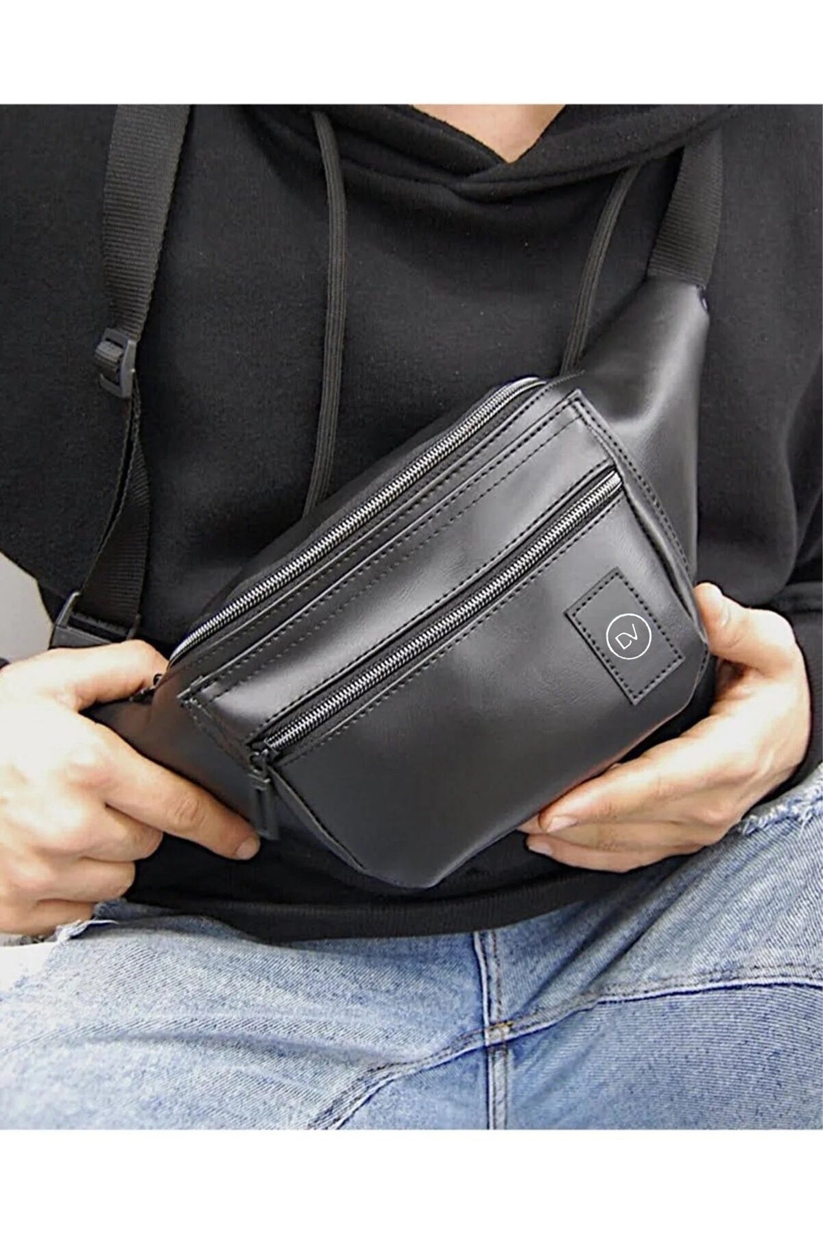 Unisex Black Faux Leather Waist And Shoulder Bag