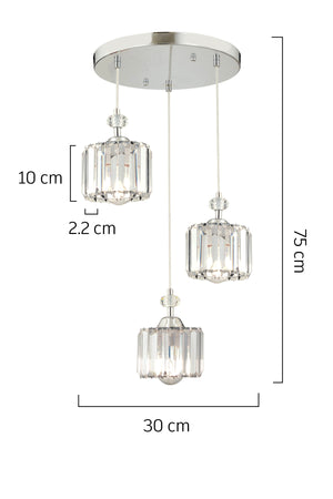 Saka 3-Piece Round Pendant Lamp With Chrome Crystal, Stone Modern Design Crystal Living Room Pendant Lamp Chandelier