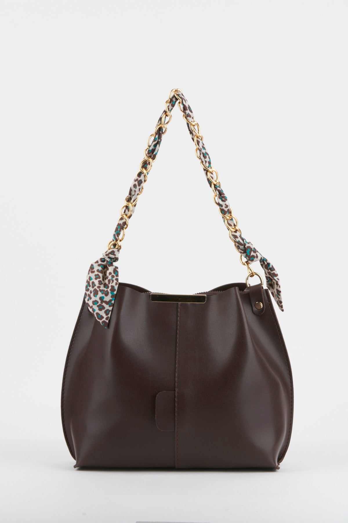 Women'S Bitter Brown Scarf Chain Accessory Soft Leather 3-Compartment Hand, Arm And Shoulder Bag