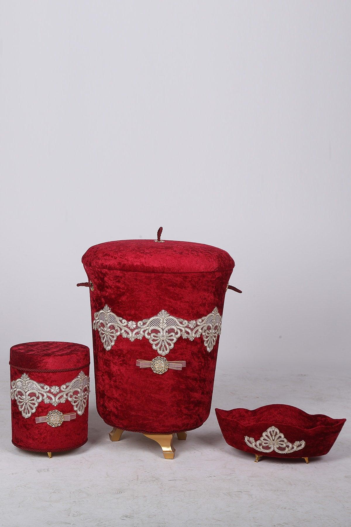 Golden Claret Red 3 Pcs Velvet Dowry Lacy Bathroom Dirty Laundry Basket Set - Swordslife