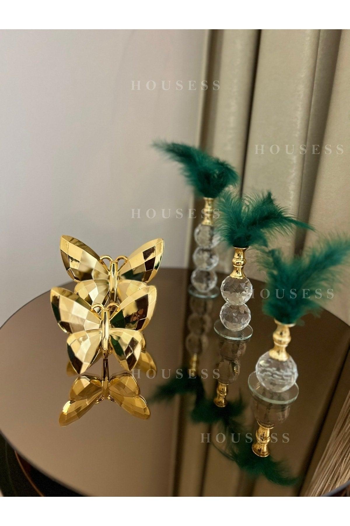 Decorative Set of 2 Gold Butterflies and 3 Gold Feathers Trinket Ornament - Swordslife