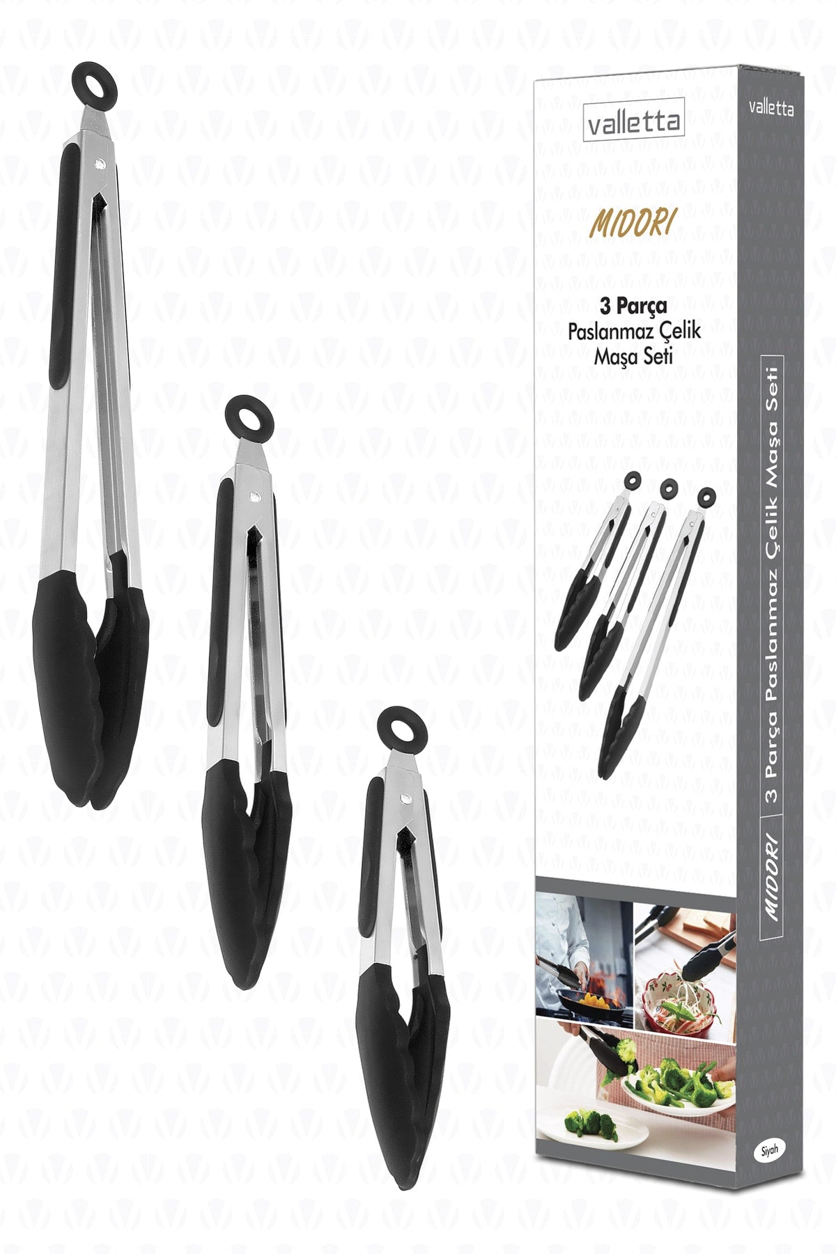 Midori Metal Handle Silicone Tip Lock System Smart 3 Tongs Set Black