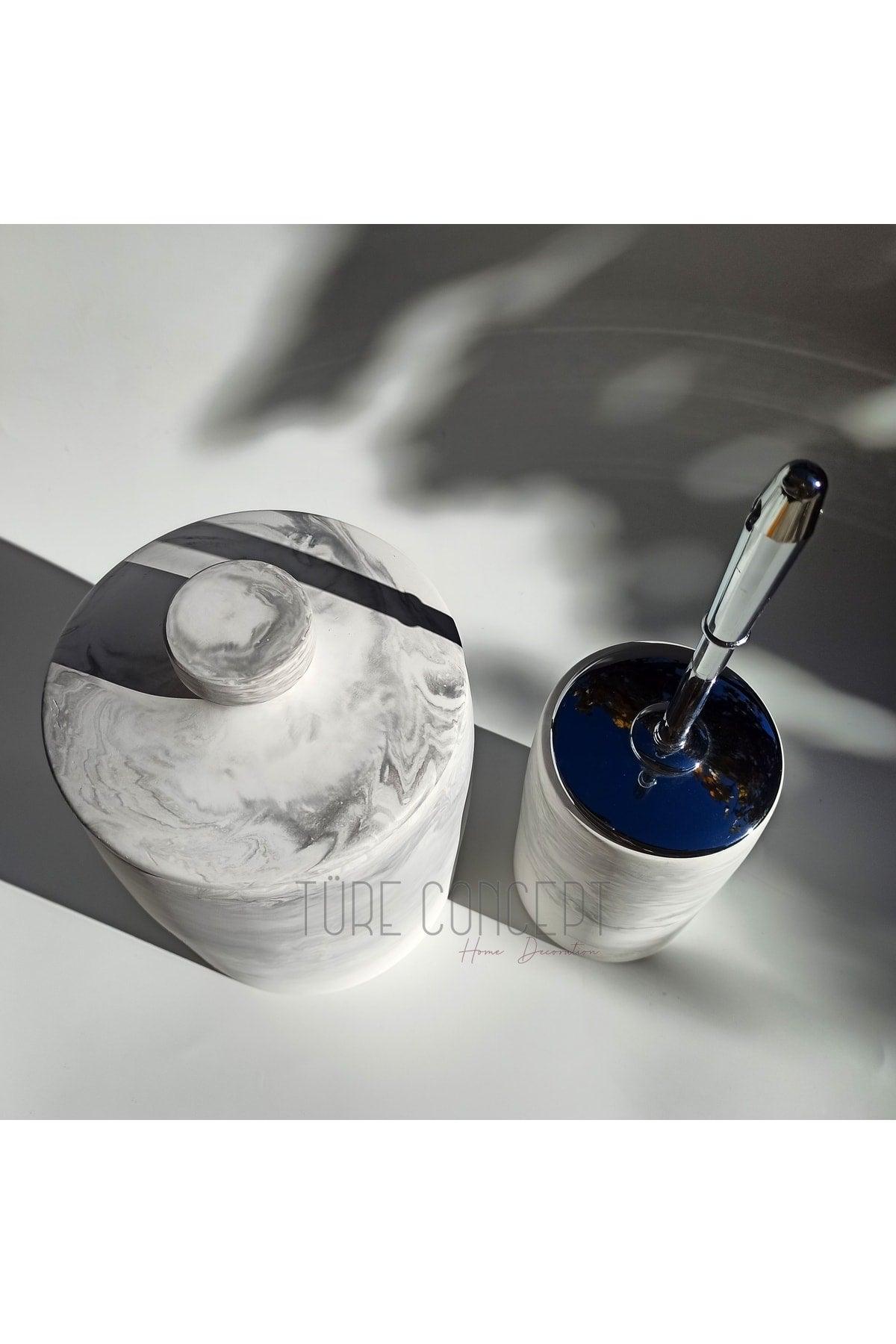 Marble Look Matte Bathroom Dustbin & Toilet Brush - Swordslife