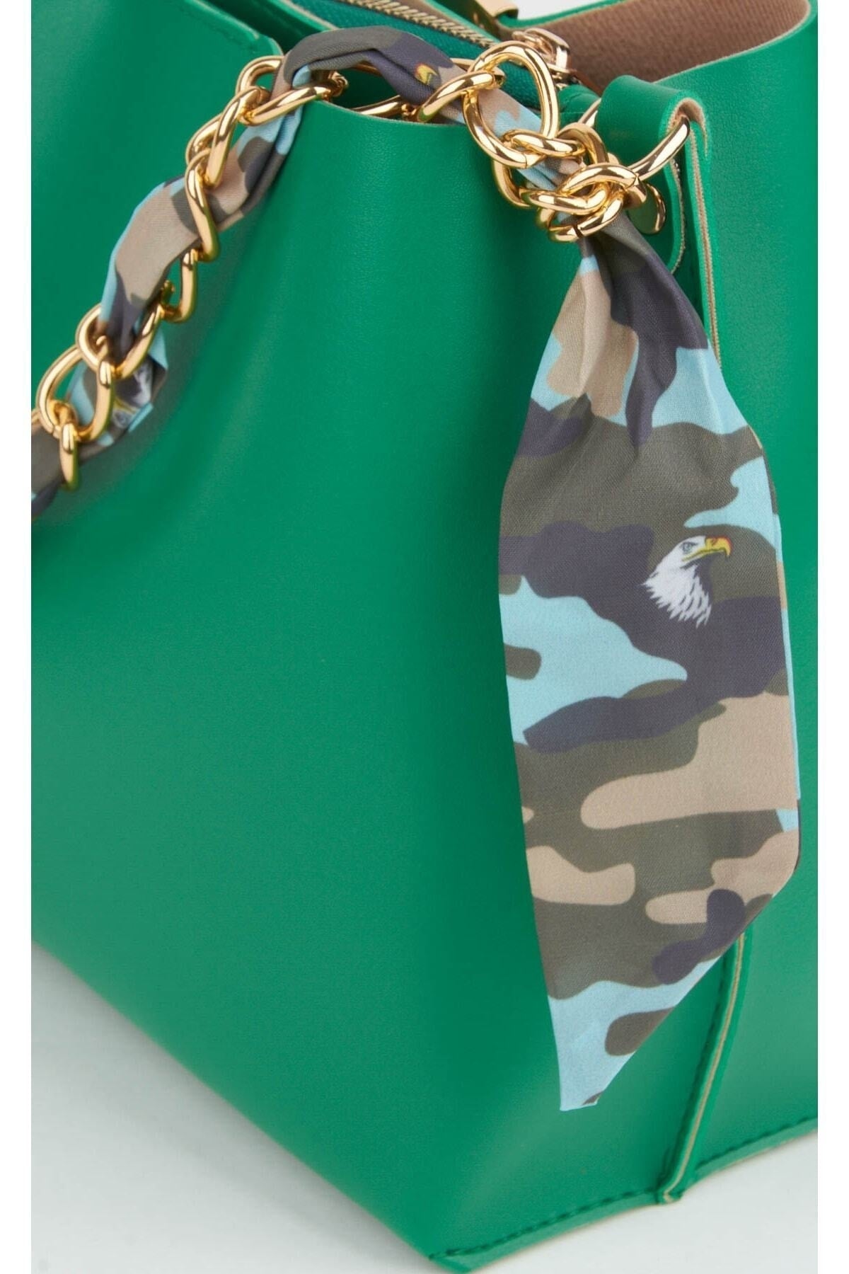 Women'S Green Scarf Chain Accessory Soft Leather 3-Compartment Hand, Arm And Shoulder Bag