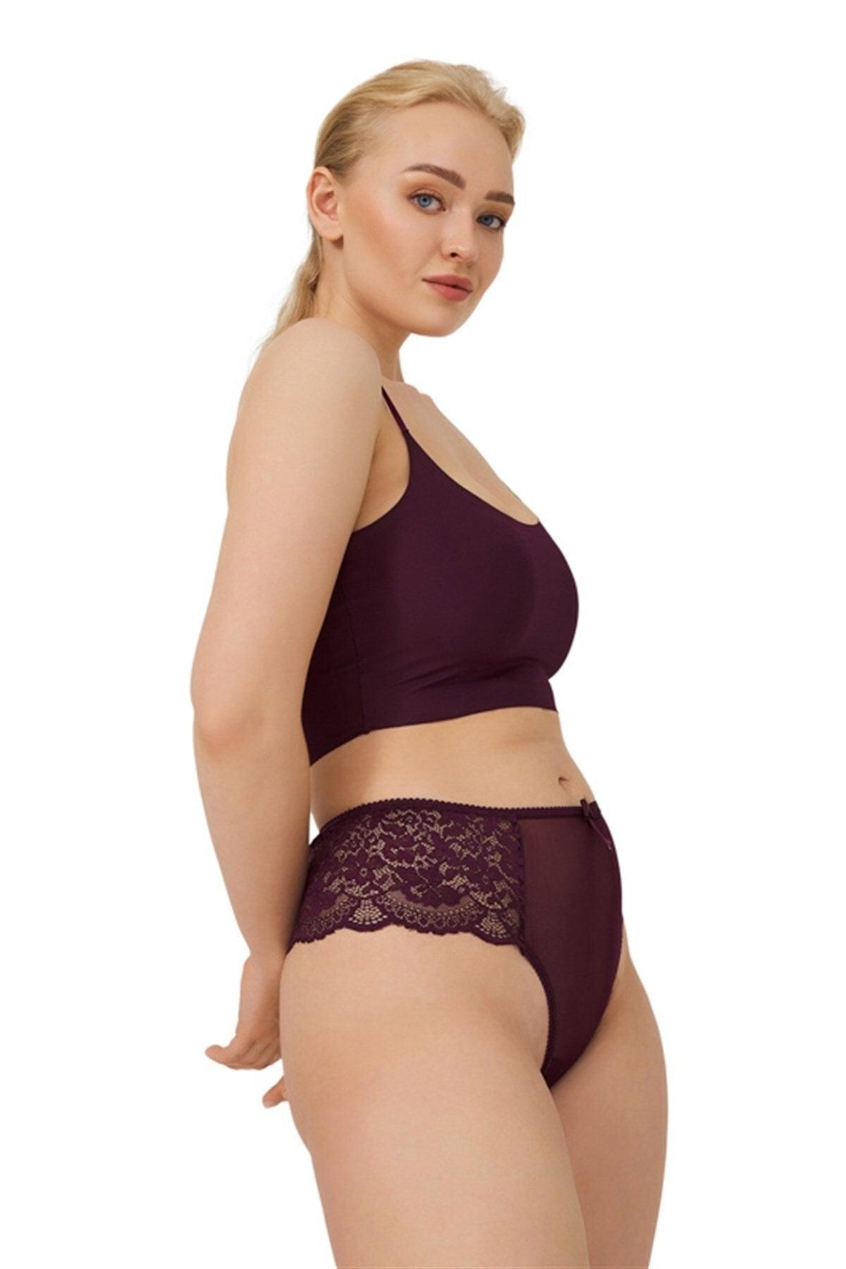 Plum Lace Tulle Detailed Plus Size Women's Brazilian Panties - Swordslife