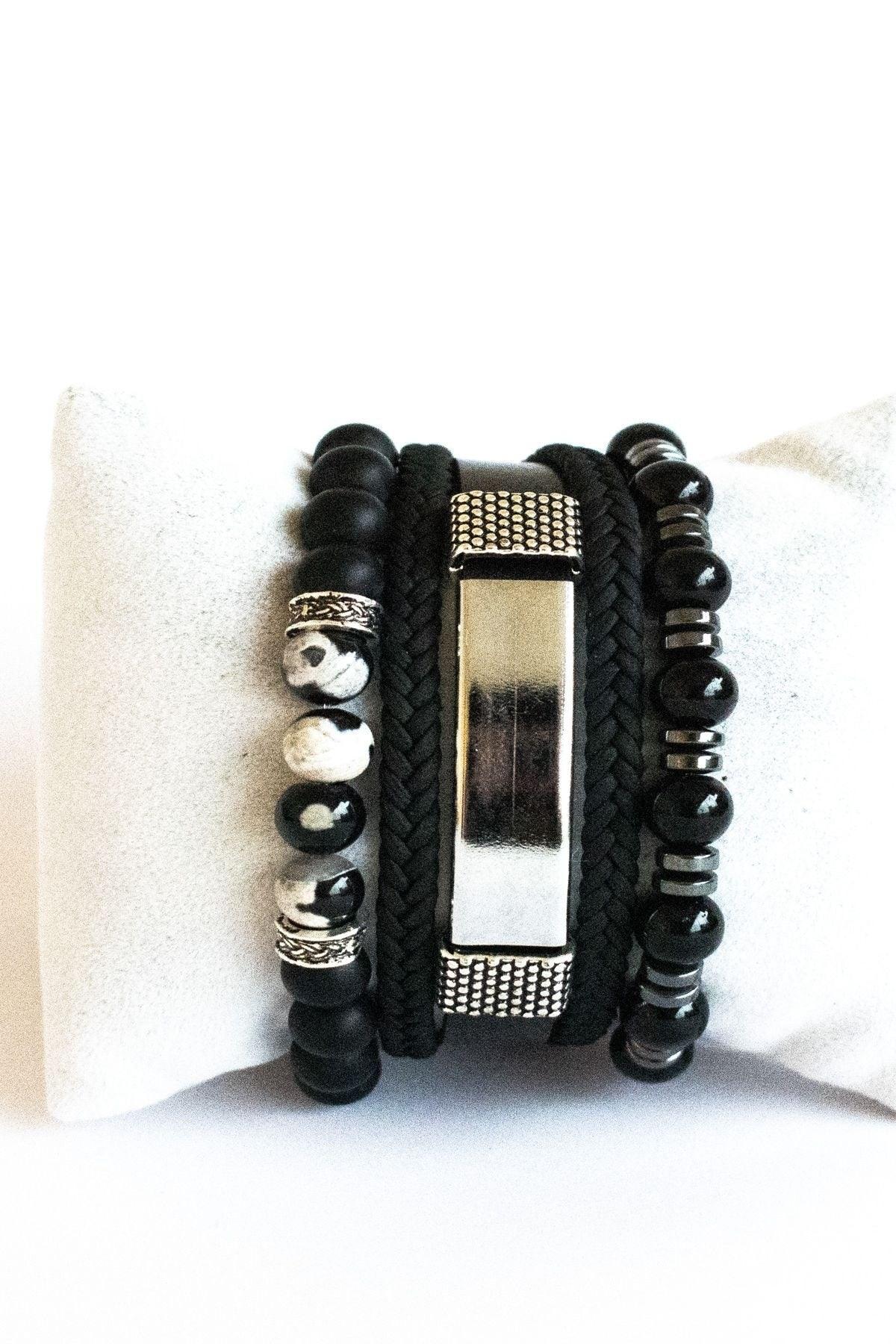 3 Piece Bracelet Set Black Onyx Natural Stone, Steel Leather Hematite Stone Bracelet - Swordslife