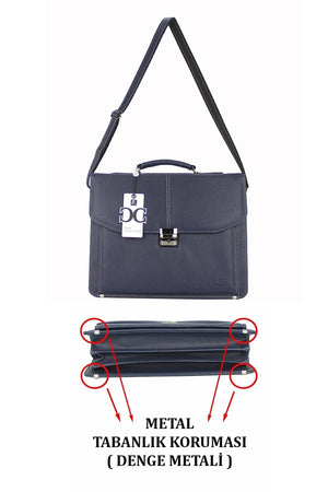 File Document Handbag With Lock Mechanism 15.6 Inch Laptop Compartment With Shoulder Strap A4 Compatible Navy Blue Color