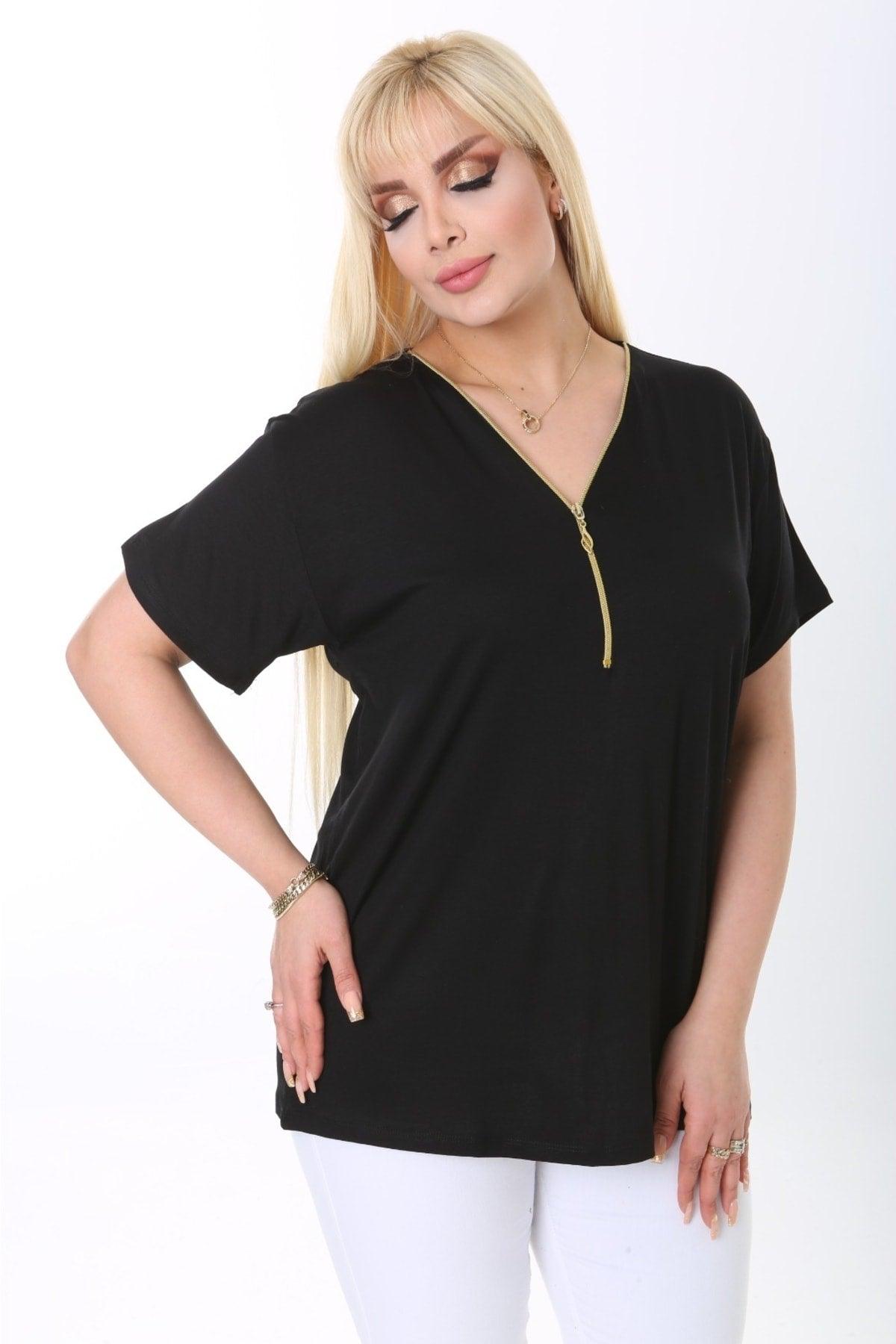 Black Collar Zipper Detailed Plus Size Blouse - Swordslife