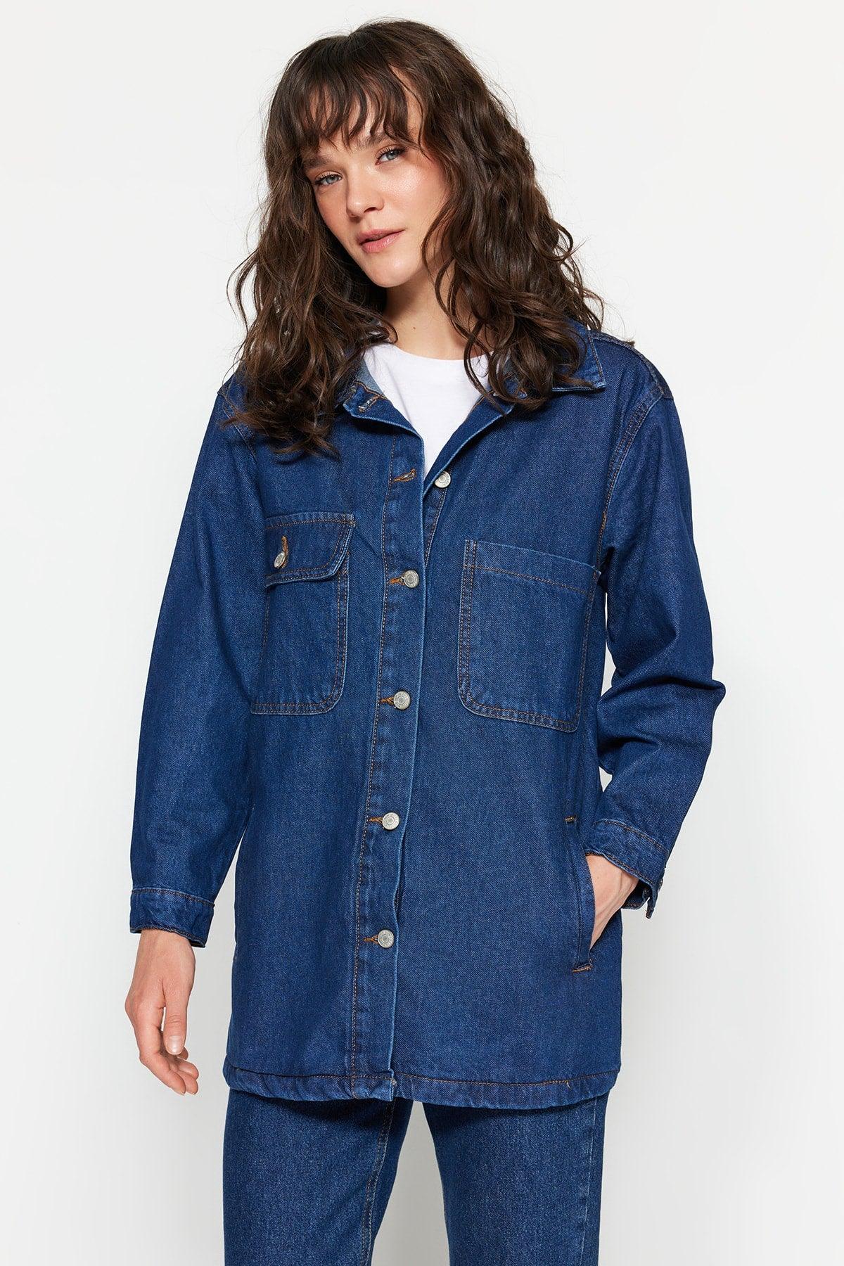 Navy Blue Oversize Denim Lycra-Free Denim Jacket TCTSS23CK00001 - Swordslife