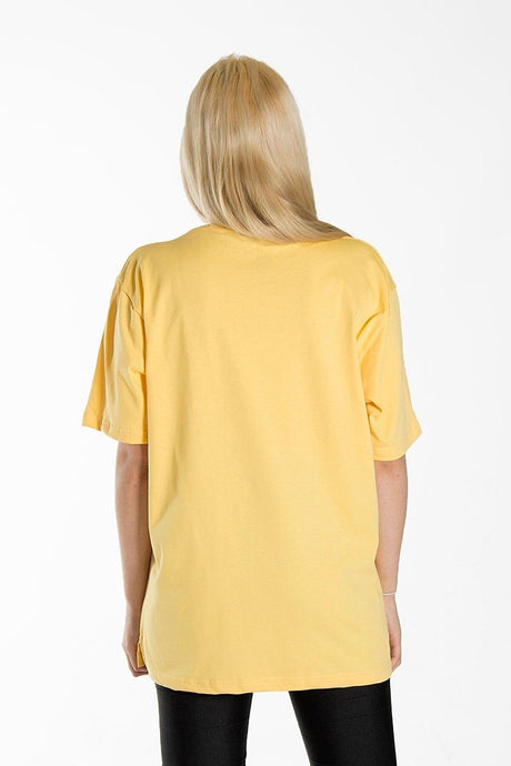 Women's Yellow Front Masked Cat Printed Crew Neck Oversize Cotton T-shirt - Swordslife