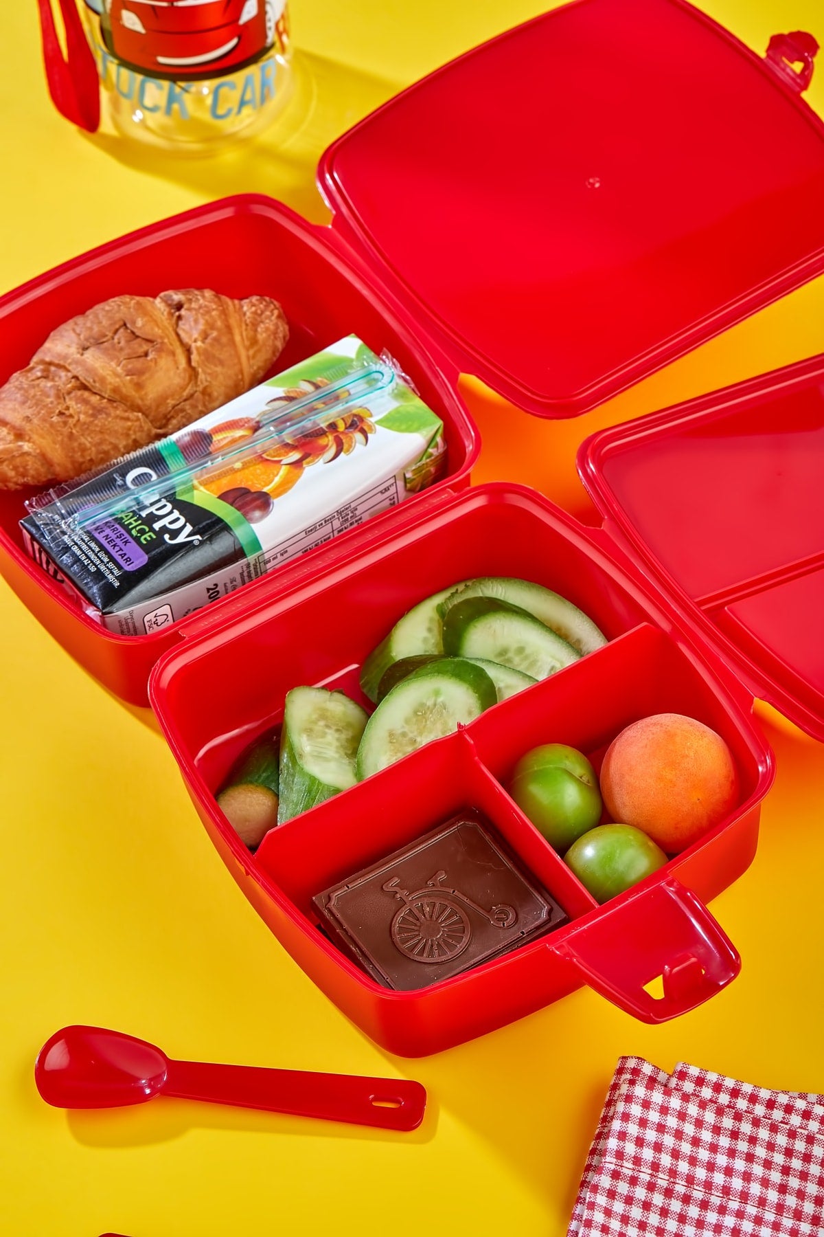 2-Layer Lunch Box with 4 Compartments and Self-Spoon and 500 Cc Water Bottle with Straw Cart