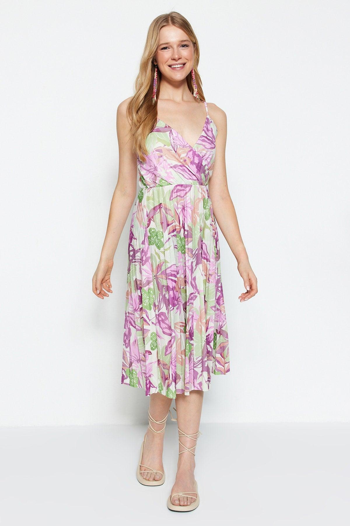 Lilac Floral Pattern Waist Open/Skater Midi Double Breasted Pleated Strap Stretch Knitted Dress TWOSS20EL2729 - Swordslife