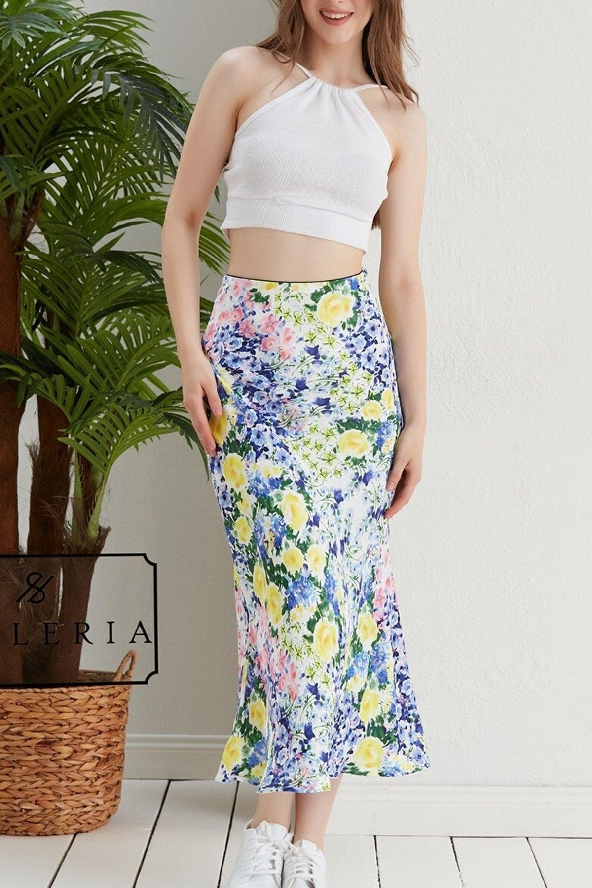 Floral Pattern Viscose Satin Midi Length Skirt -yellow Flower - Swordslife