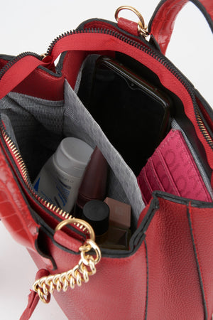 Women'S Red Croco Handle Strap 2 Compartment Snap Zipper Closure Hand And Shoulder Bag