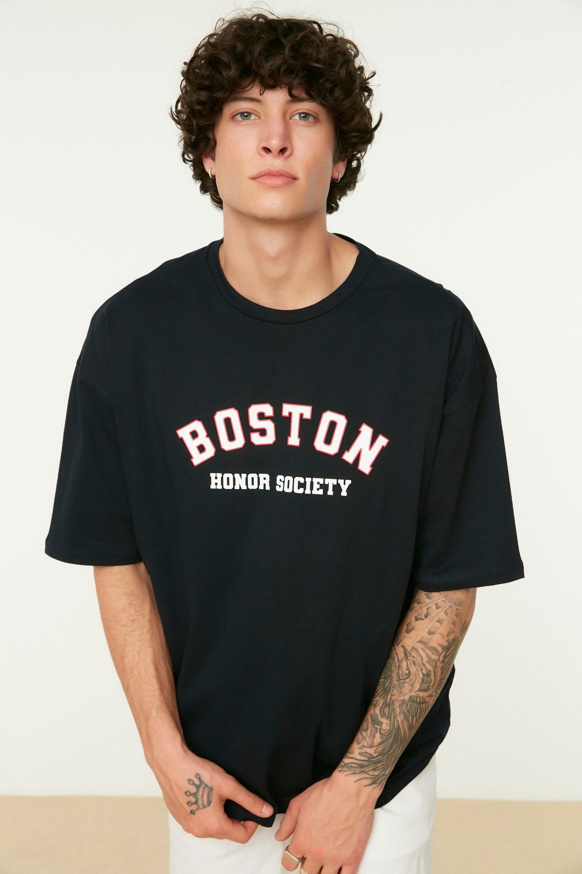 Navy Blue Men'S Oversize Crew Neck Short Sleeve City Printed 100% Cotton T-Shirt Tmnss21Ts1217