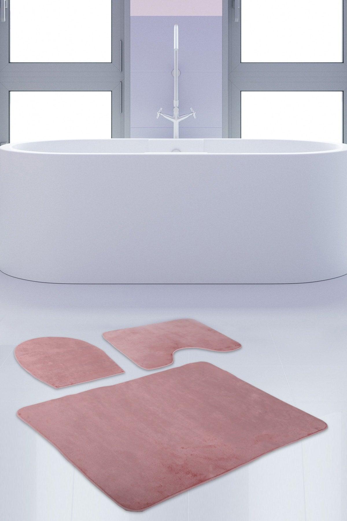 Unicolor Plain Pink 3 Piece Bath Mat Rug Set Non-Slip Closet Set - Swordslife