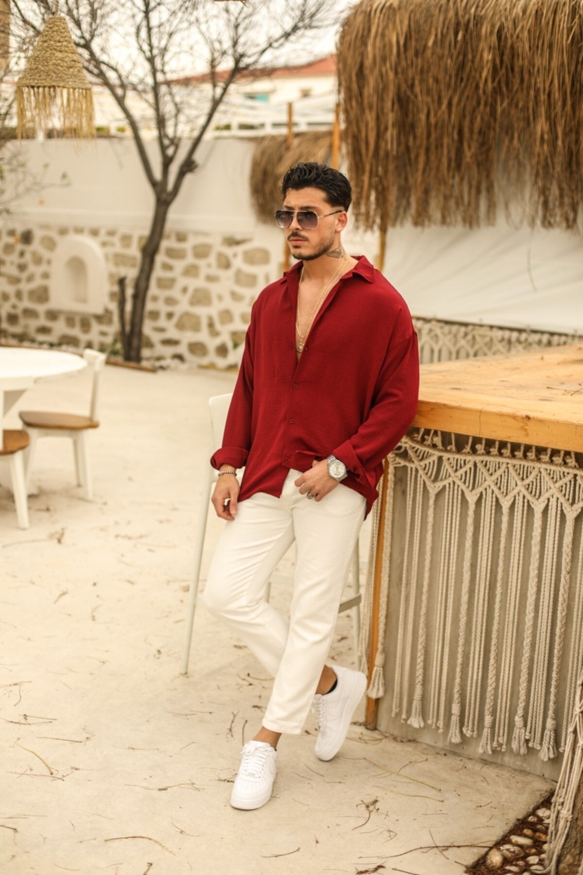 Textured Oversize Shirt Claret Red 70171021