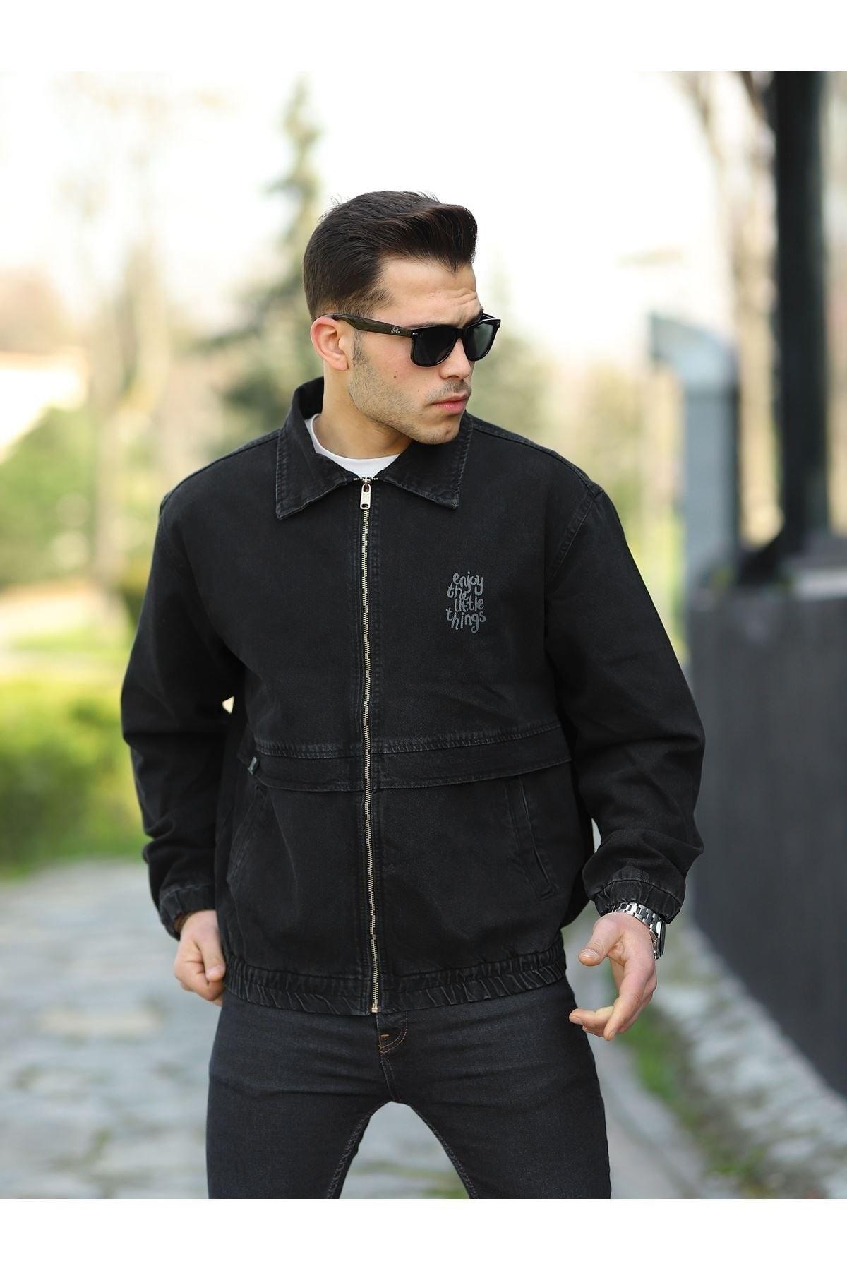 Oversize Black Printed Men's Zippered Bomber Denim Jacket - Swordslife