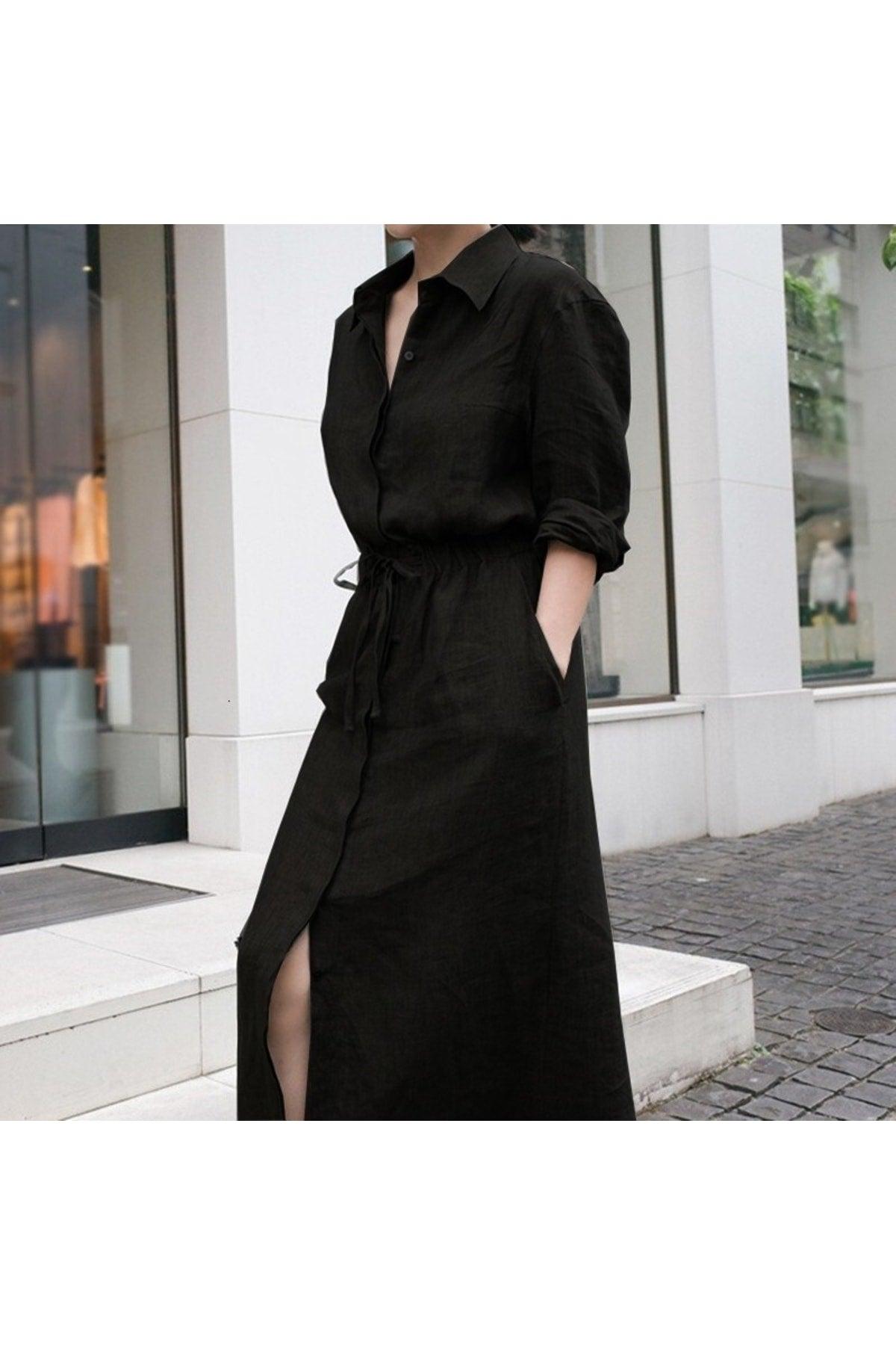 Linen Casual Casual Waist Lace Detailed Long Sleeve Dress - Swordslife