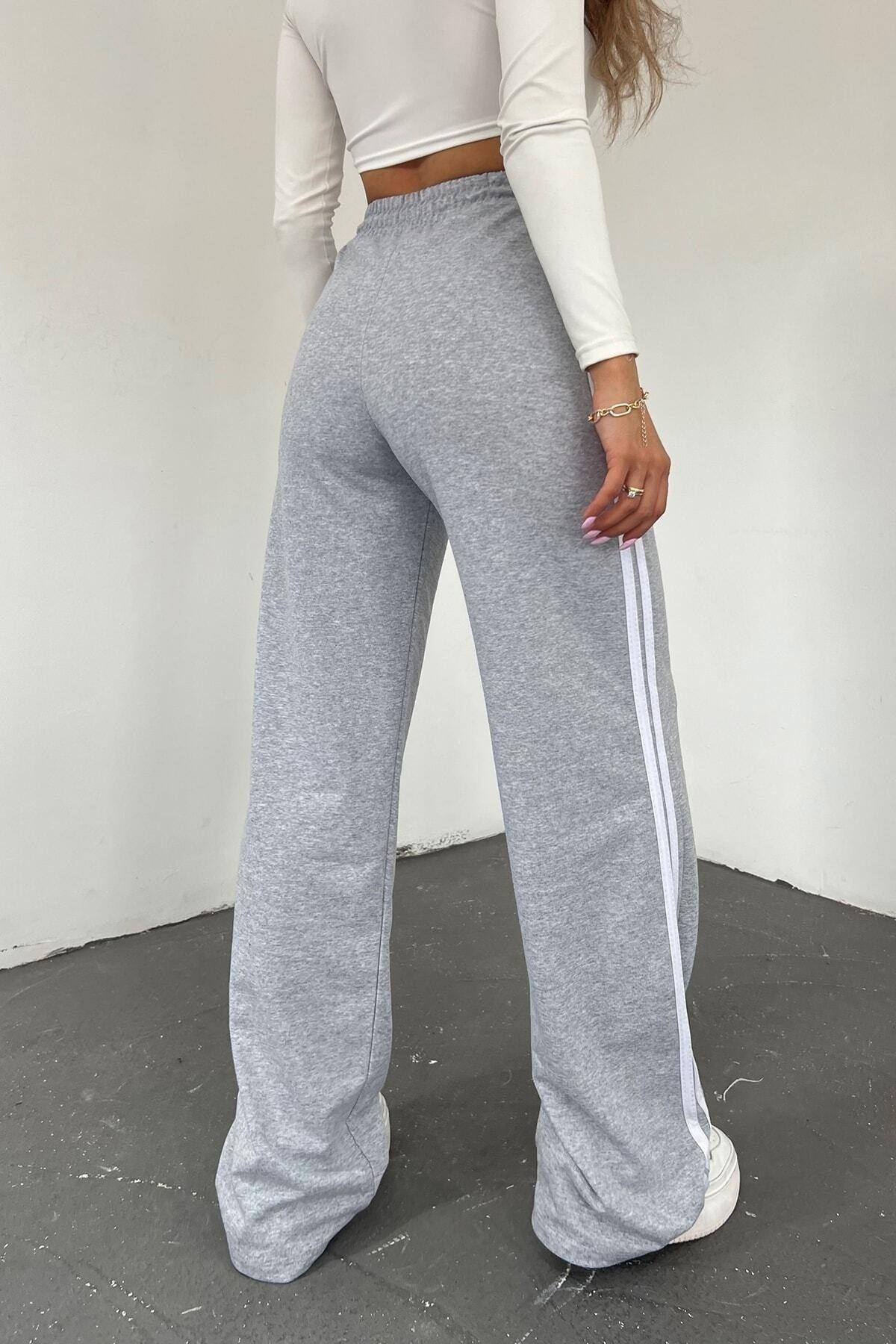 Women's Gray High Waist Striped Wide Leg Seasonal Sweatpants - Swordslife