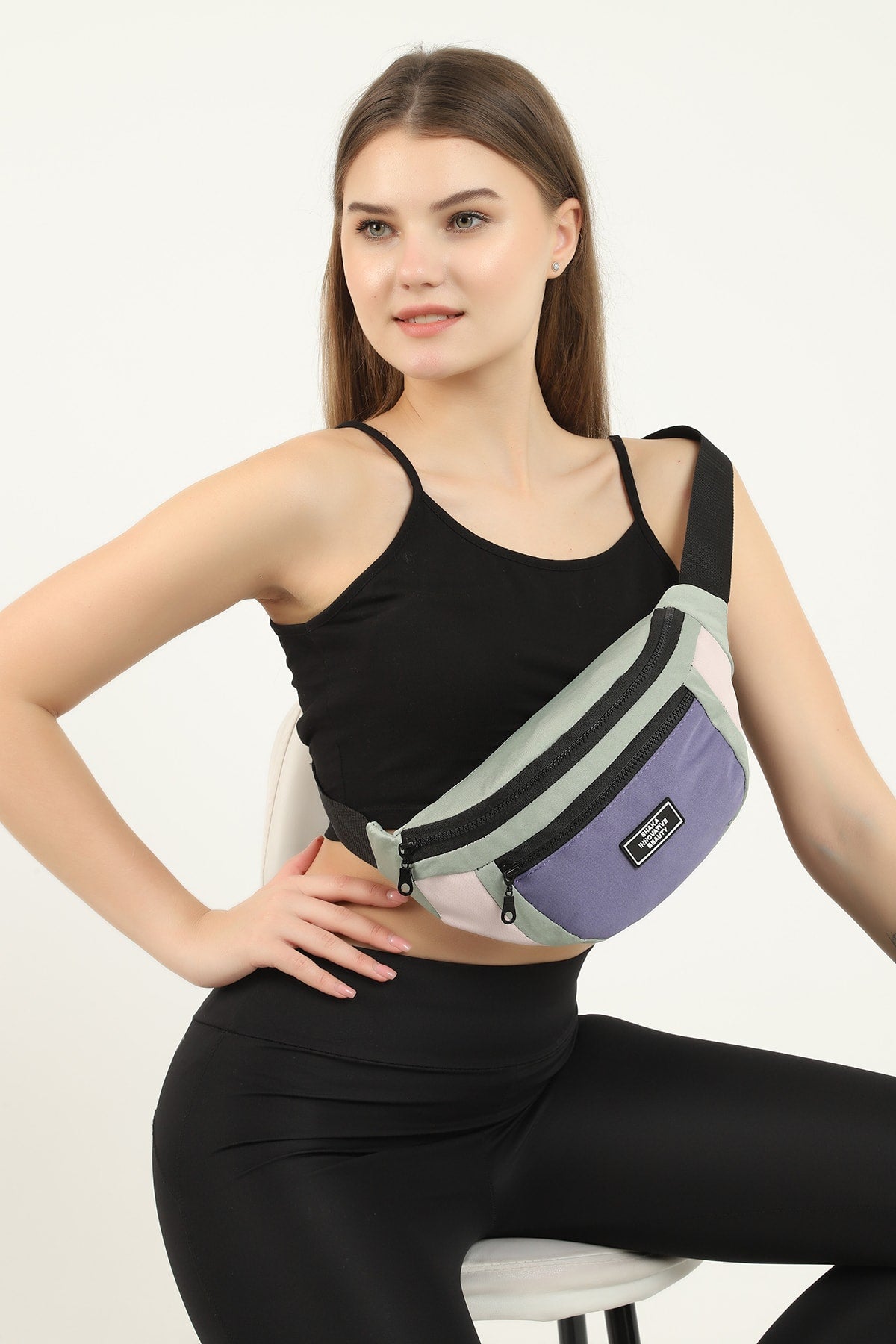 Green/powder/lilac U8 2-Compartment Adjustable Cross Strap Canvas Unisex Waist And Shoulder Bag E:38 B:1