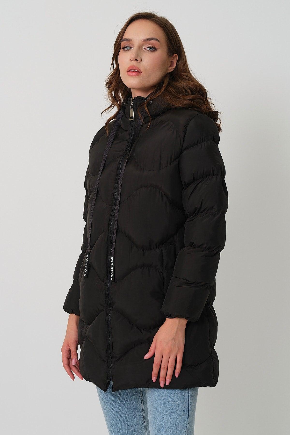 Women's Black Hooded Cord Detailed Down Jacket - Swordslife