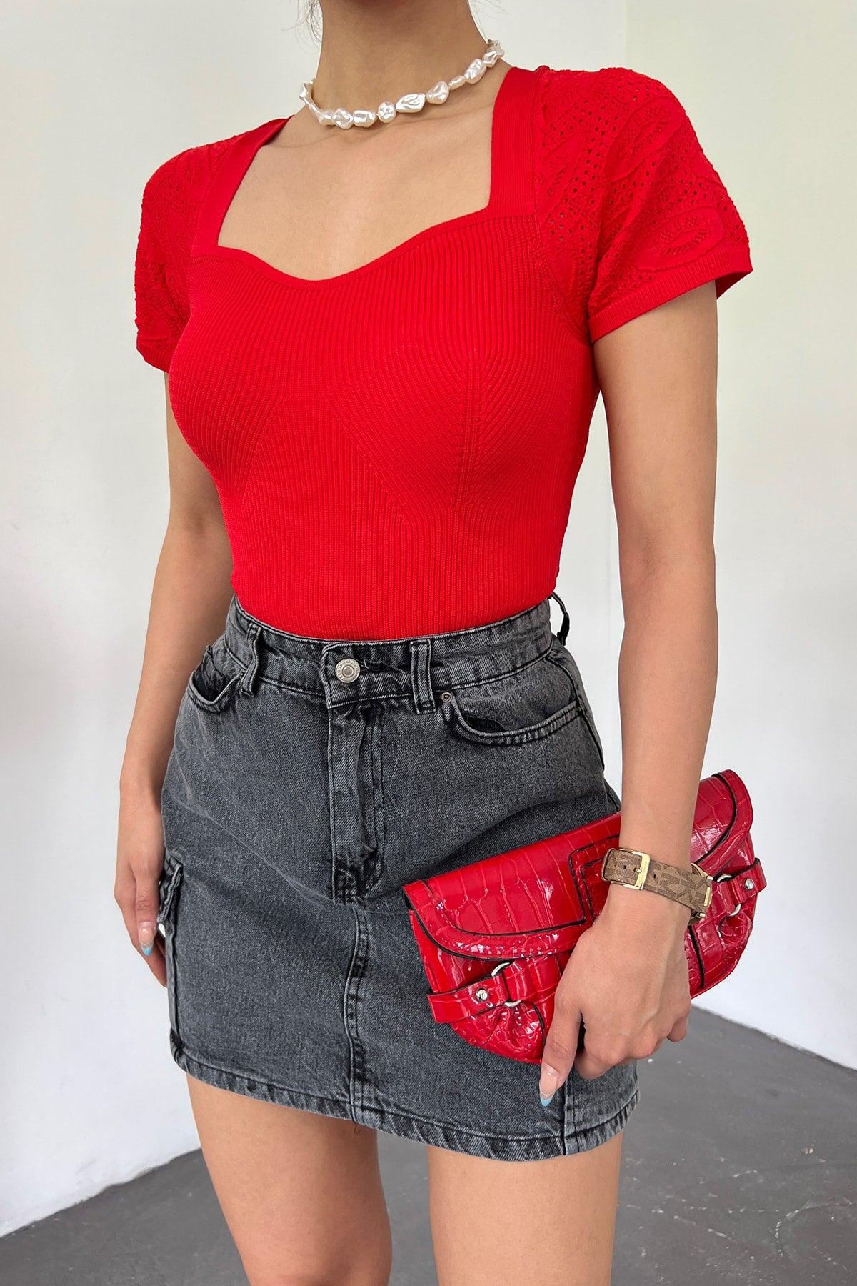 Women's Red Sleeve Knit Detailed Short Sleeve Heart Collar Knitwear Blouse - Swordslife