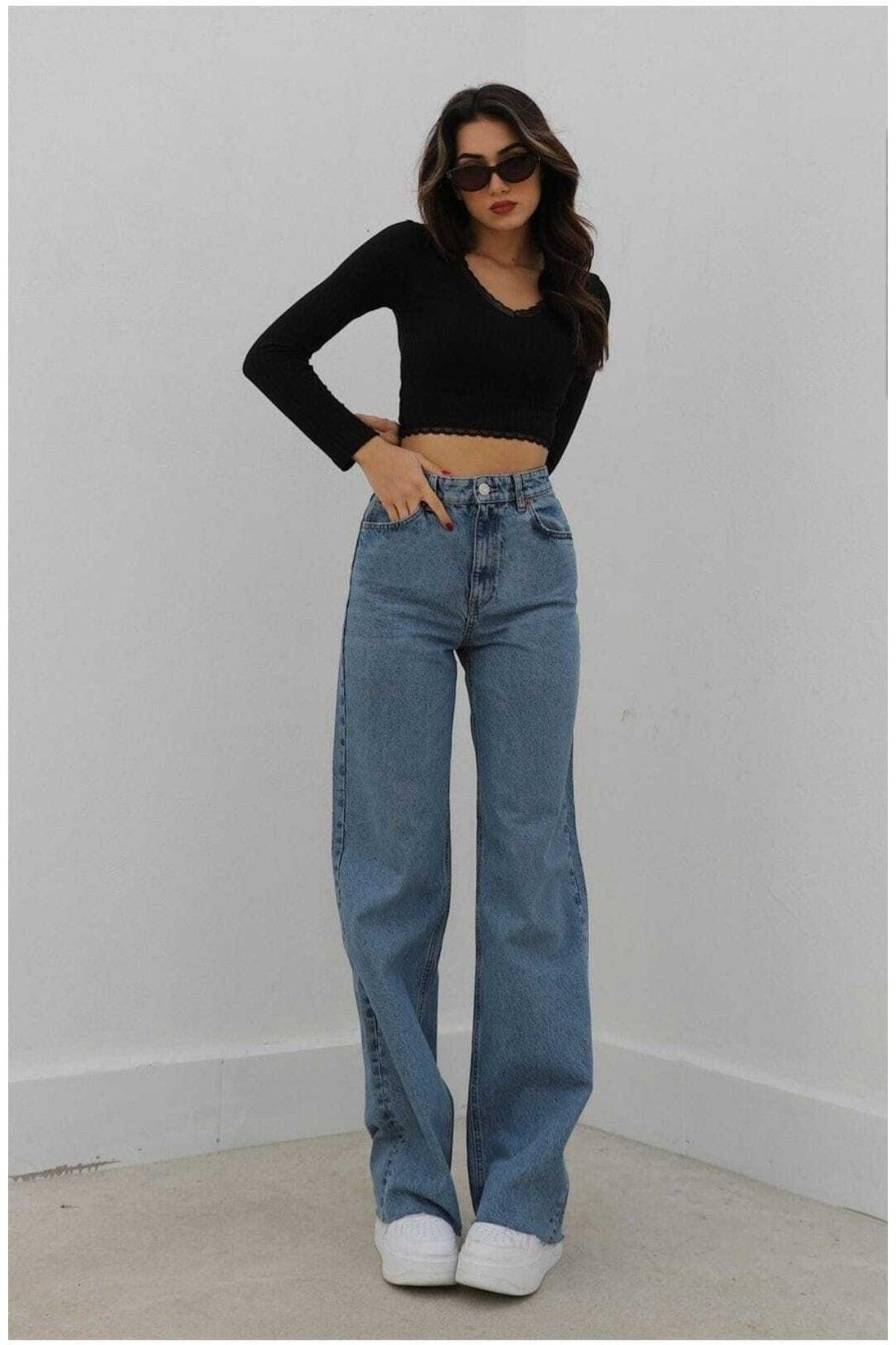 Roza Lycra Loose Women's Blue Snow Wash Super High Waist Wide Leg Denim Jeans Trousers - Swordslife