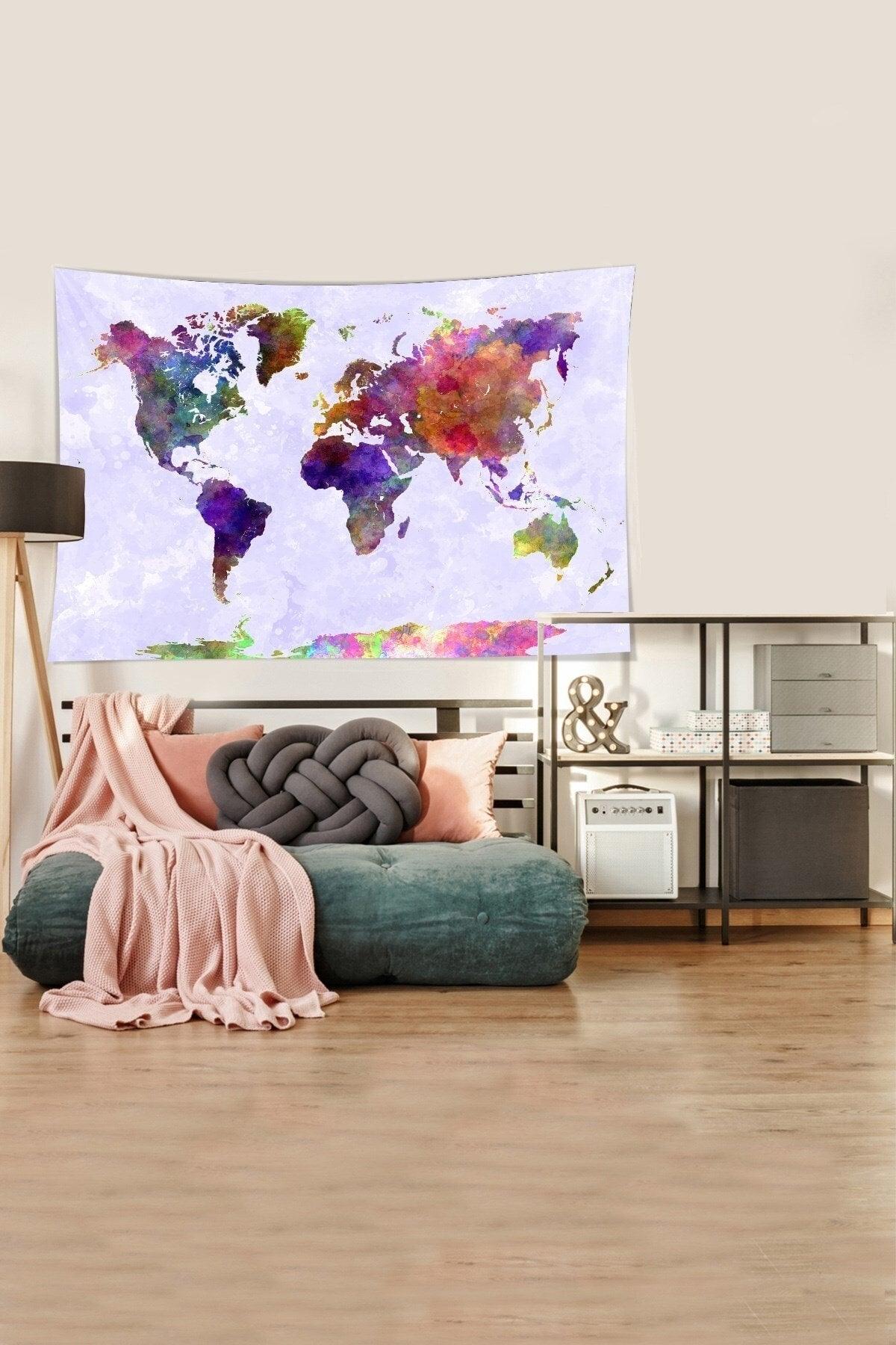 Lilac-blue World Map Patterned Stain Resistant Velvet Fabric Wall Covering Tapestry Tapestry - Swordslife