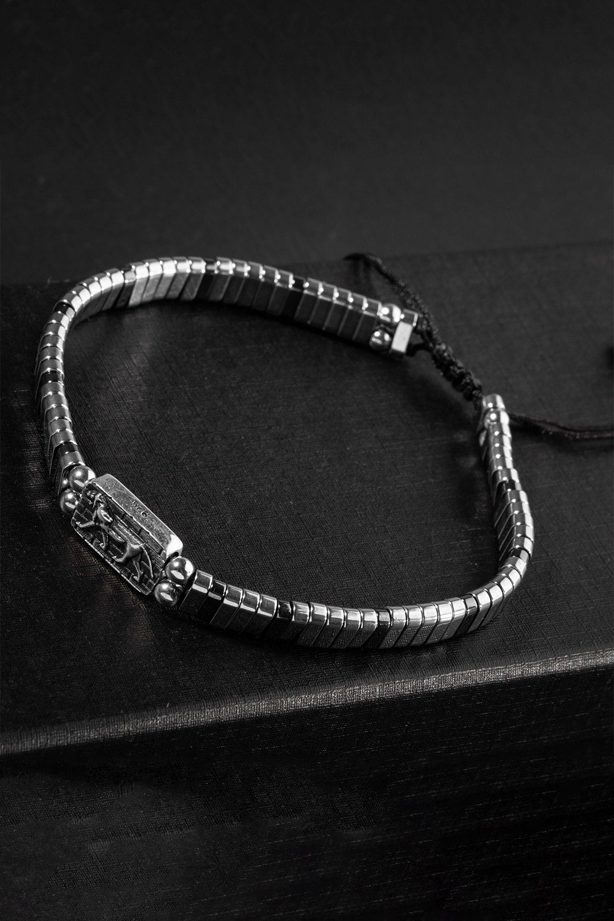 Certified Hematite Natural Stone Knitted 925 Silver Design Bracelet (Lion Symbol)