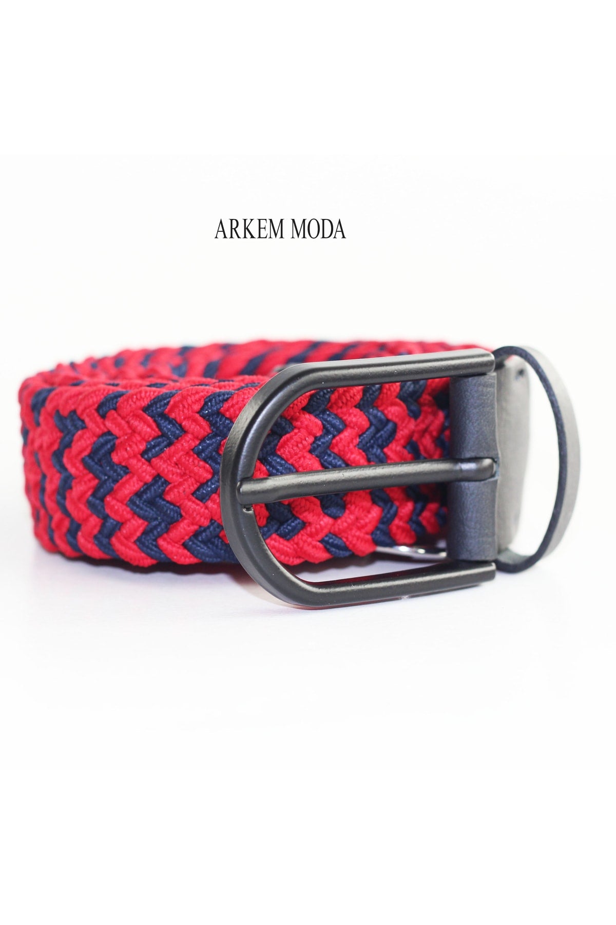 Braided Elastic Belt Red-Navy Blue Jeans, Jeans, Shorts Men's Belt 3,5 Cm