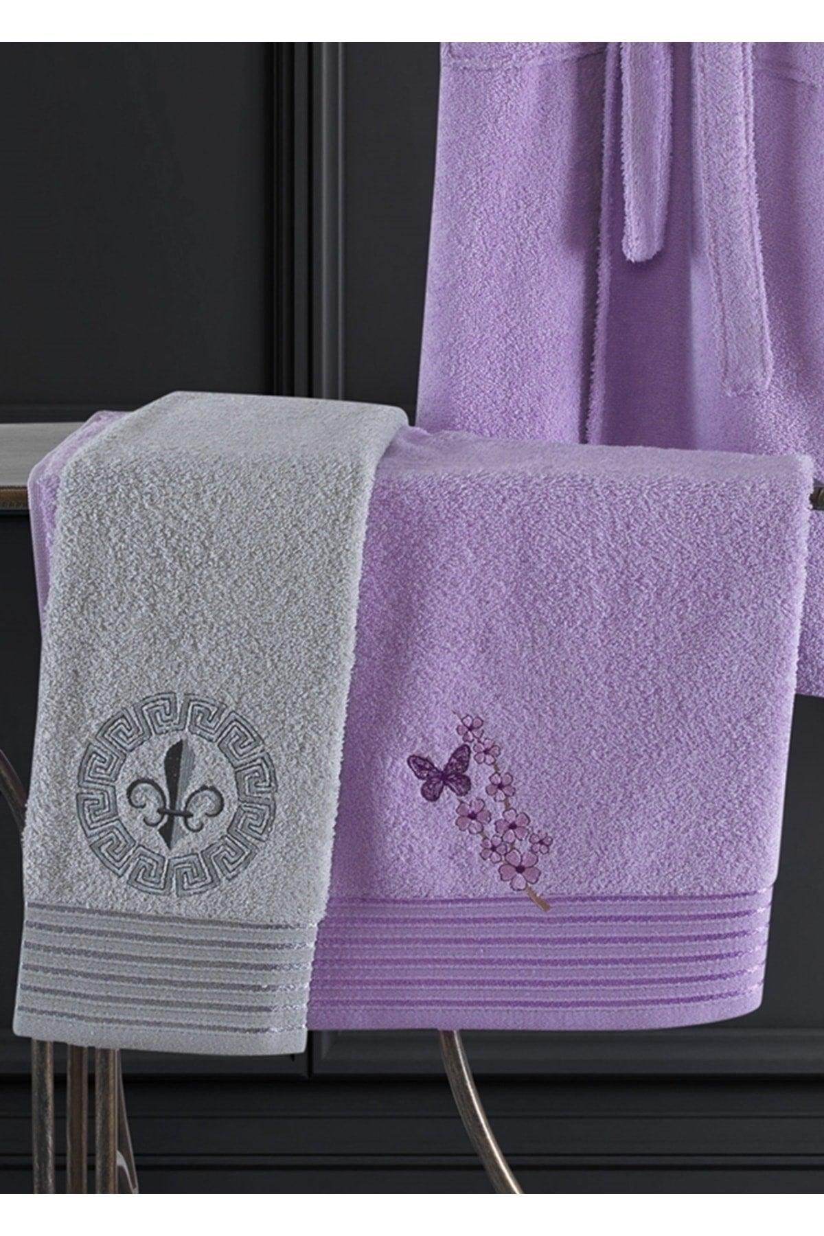 Flamingo Embroidered Cotton 4 Piece Family Bathrobe Set Lilac I Gray - Swordslife