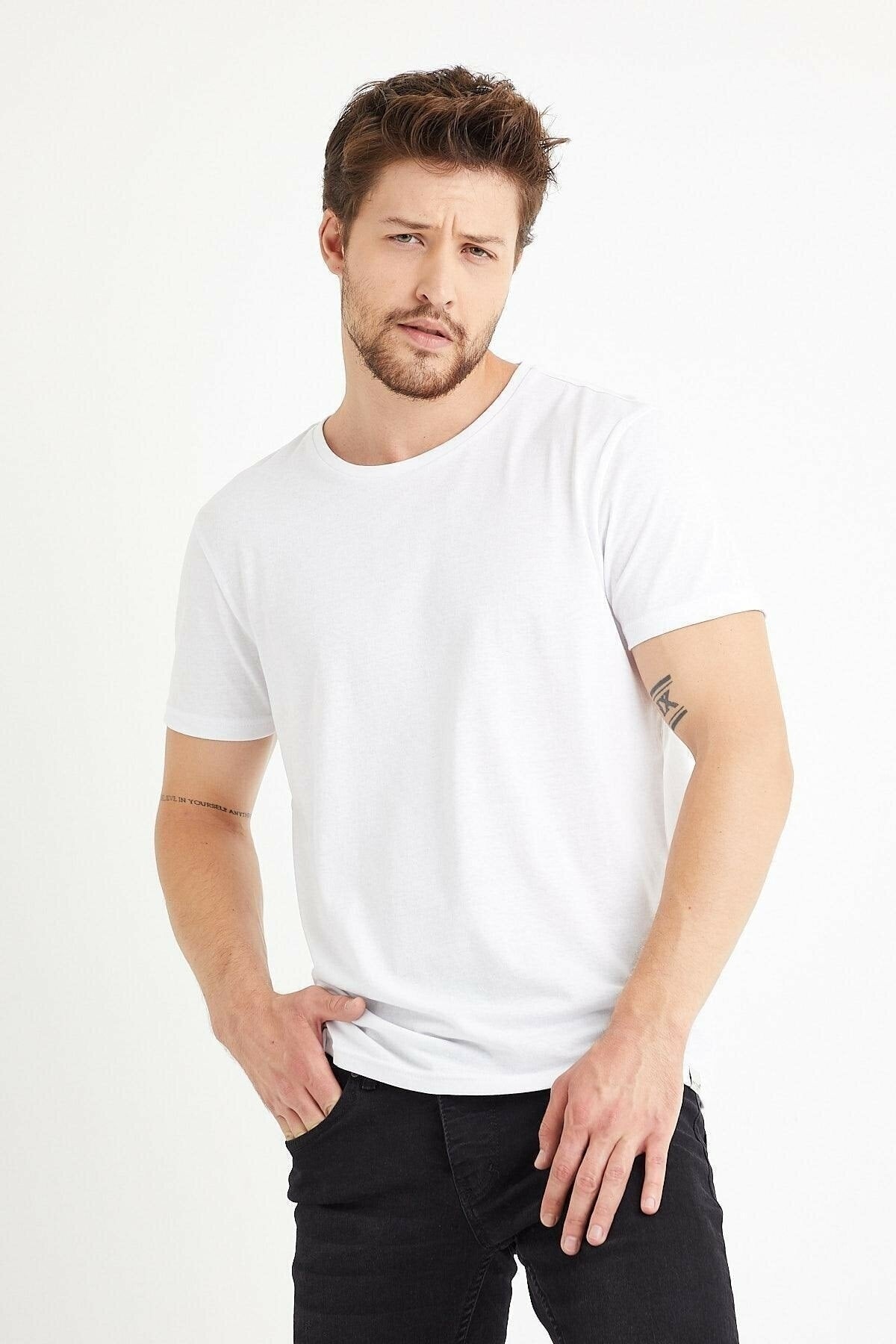 Men's White Comfortable Fit Regular Crew Neck Plain Cotton T-shirt