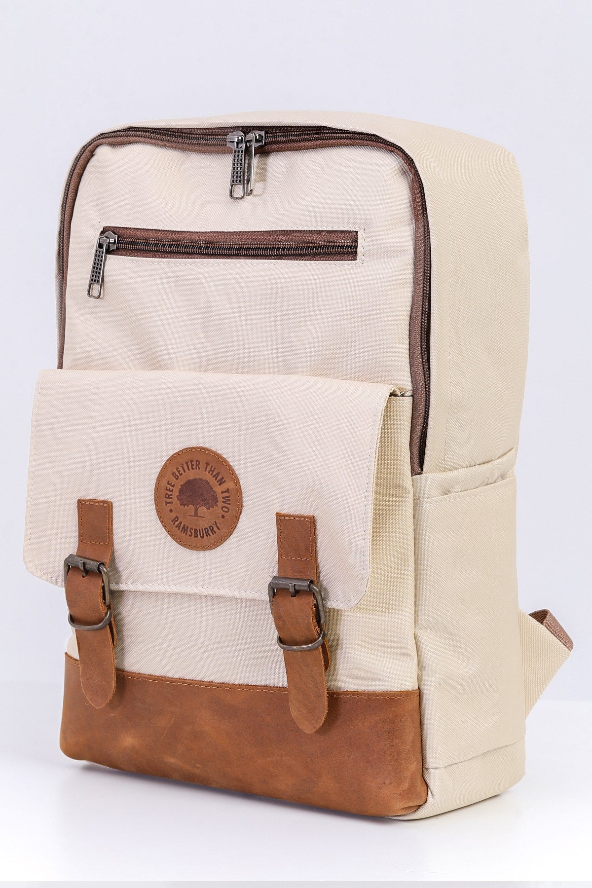 Unisex Cream 100% Genuine Leather Detailed Waterproof 15.6 Inch Multi-Compartment Backpack With Laptop Compartment