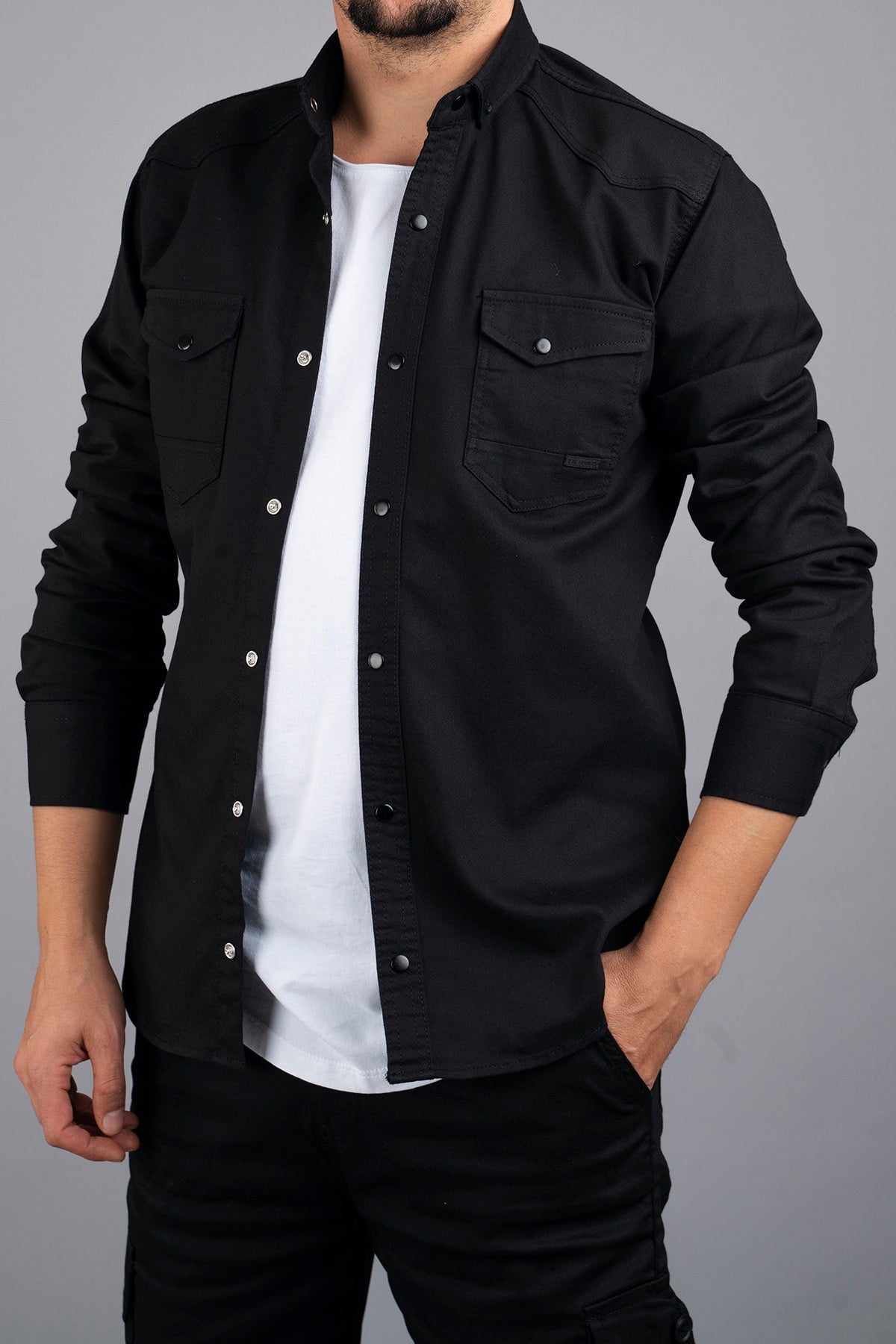 Slim Fit Men'S Denim Shirt Black