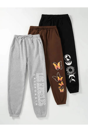 3-Pack Logo Printed Jogger Sweatpants - Black, Gray And Brown, Elastic Leg, High Waist, Summer