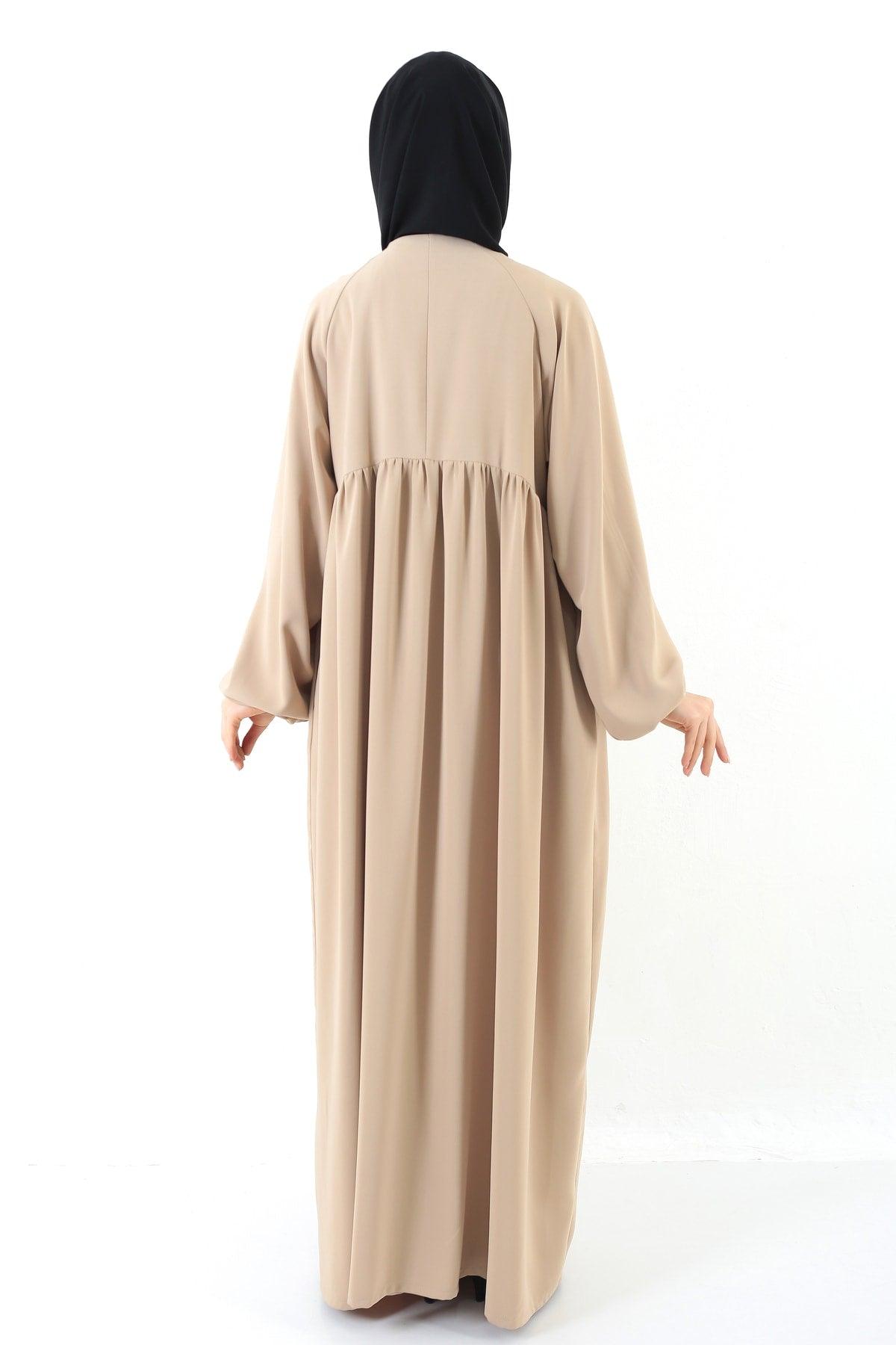 Beige Oversized Zippered Pleated Abaya Hijab - Swordslife