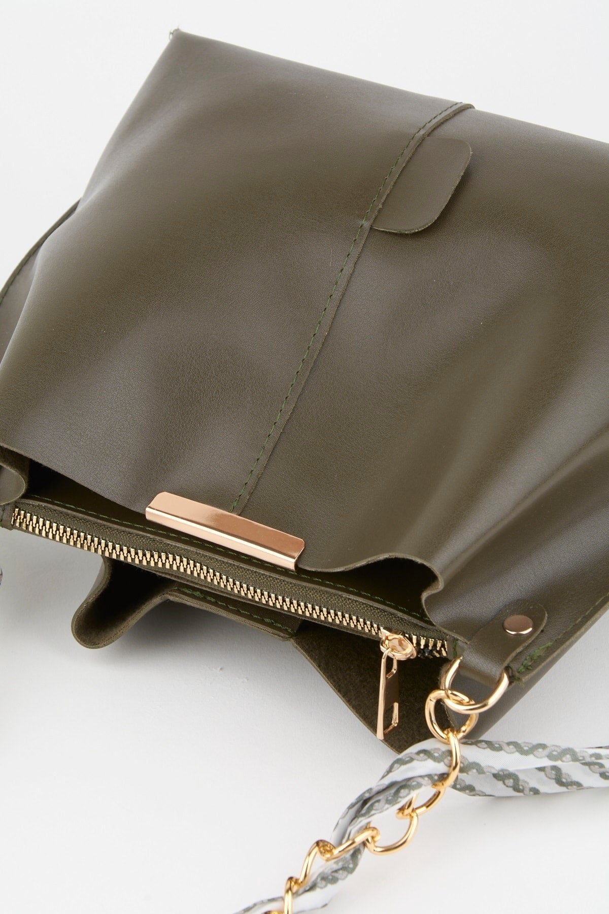 Women'S Khaki Scarf Chain Accessory Soft Leather 3-Compartment Hand, Arm And Shoulder Bag