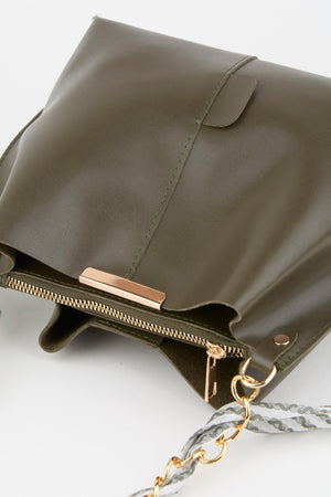 Women'S Khaki Scarf Chain Accessory Soft Leather 3-Compartment Hand, Arm And Shoulder Bag