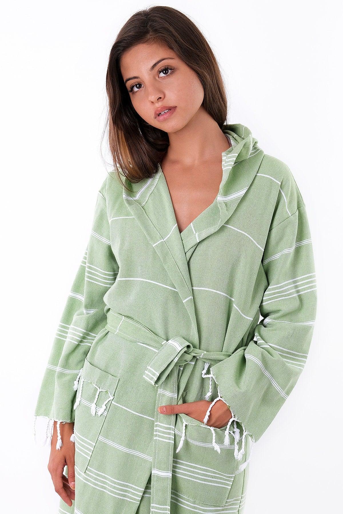 Sultan 100% Cotton Green Colored Hooded Peshtemal Bathrobe, Robe And Beach Dress - Swordslife