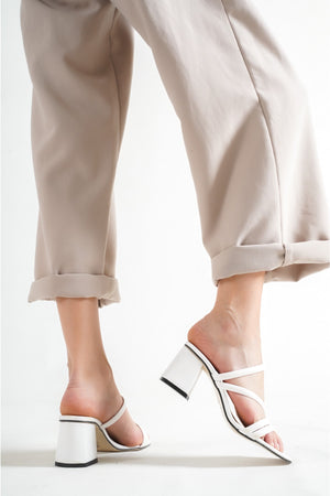 Women'S White Leather Heeled Slippers Sandals Ba20888