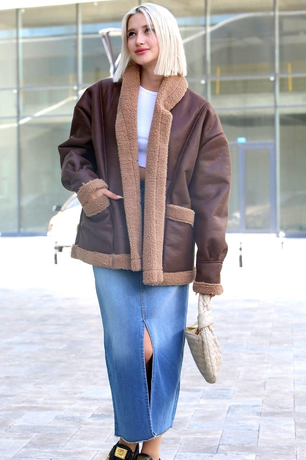 Brown Faux Shearling Biker Coat Mg1329 - Swordslife