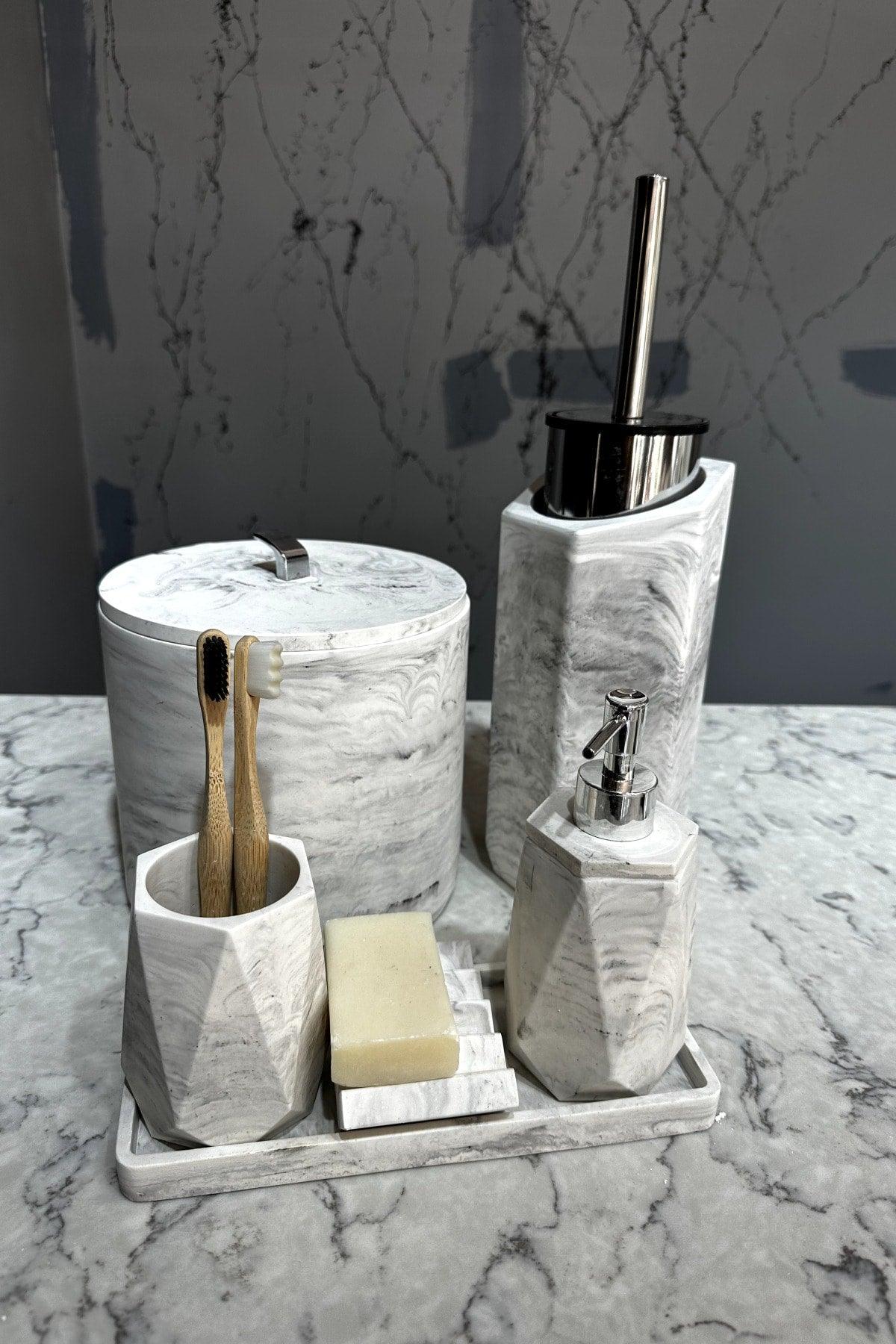 Concrete Bathroom Set Dustbin Toilet Brush Liquid Soap Dispenser - Swordslife