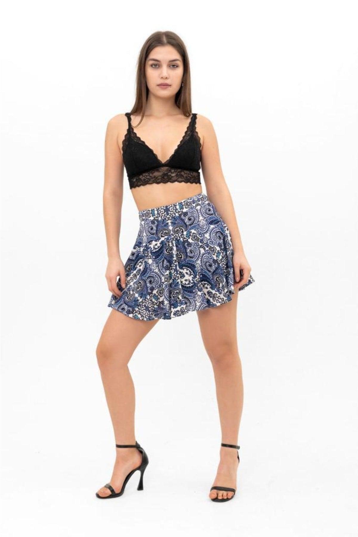 Summer Mini Short Shorts Skirt Soft Woven Viscose Printed High Waist, Elastic Back Waist - Swordslife