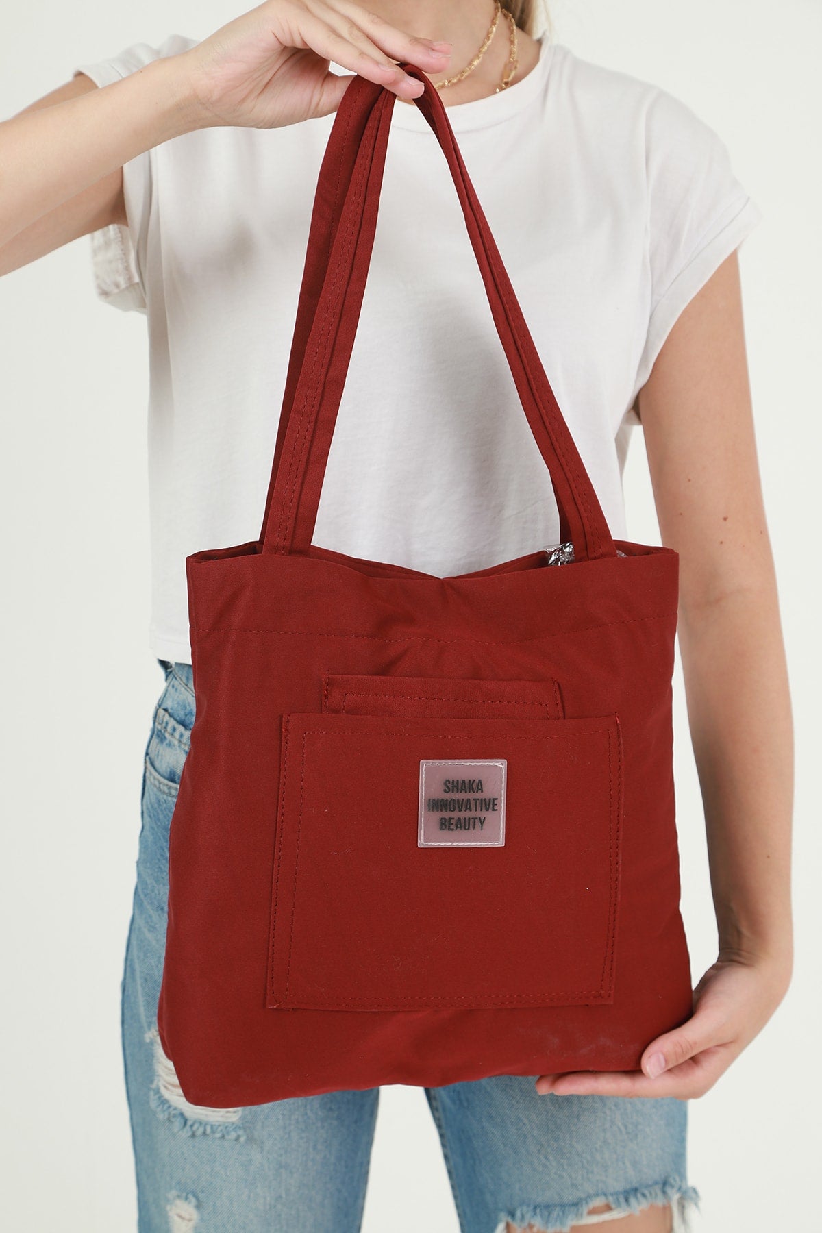 Claret Red U22 3-Compartment Front 2 Pocket Detailed Canvas Fabric Daily Women's Arm and Shoulder Bag B:35 E:35