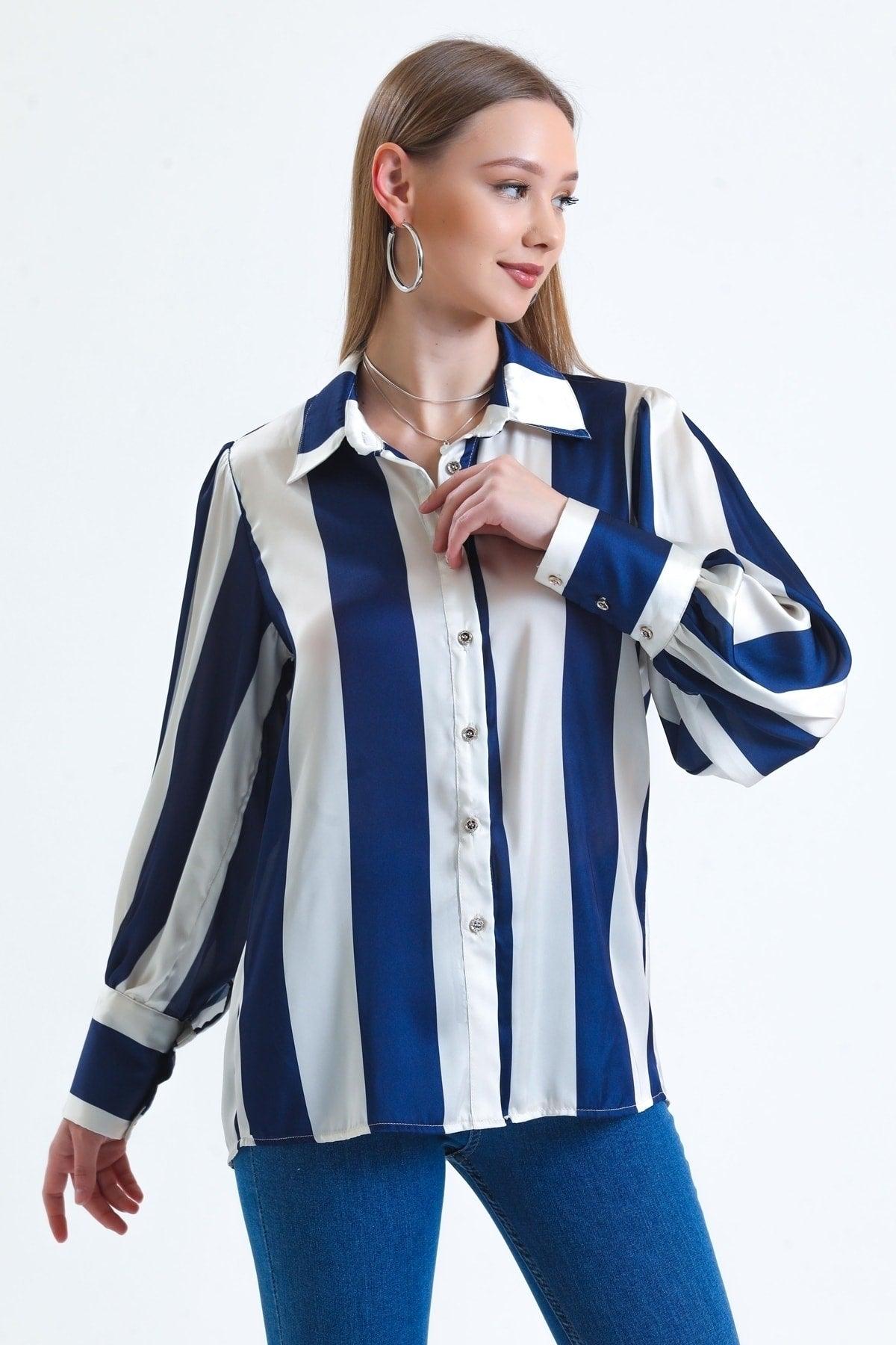 Women's Indigo Balloon Sleeve Ruffle Detailed Oversize Striped Satin Shirt - Swordslife